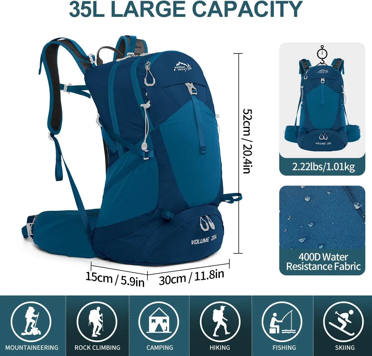 Hiking Backpack,35L Waterproof Hiking Daypack with 3L Water Bladder and Rain Cover, Lightweight Travel Camping Backpack for Men Women (Blue)