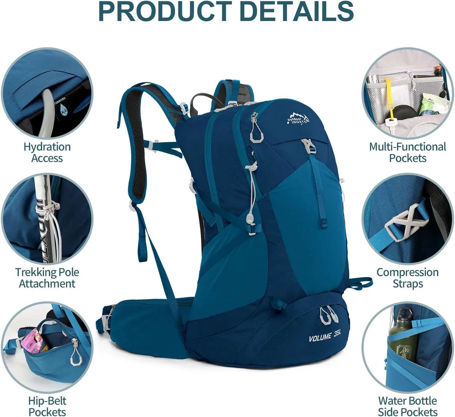 Hiking Backpack,35L Waterproof Hiking Daypack with 3L Water Bladder and Rain Cover, Lightweight Travel Camping Backpack for Men Women (Blue)