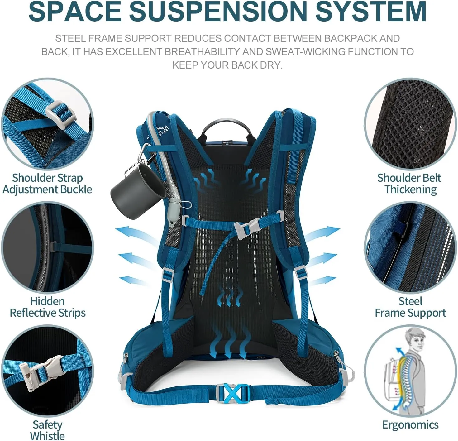 Hiking Backpack,35L Waterproof Hiking Daypack with 3L Water Bladder and Rain Cover, Lightweight Travel Camping Backpack for Men Women (Blue)