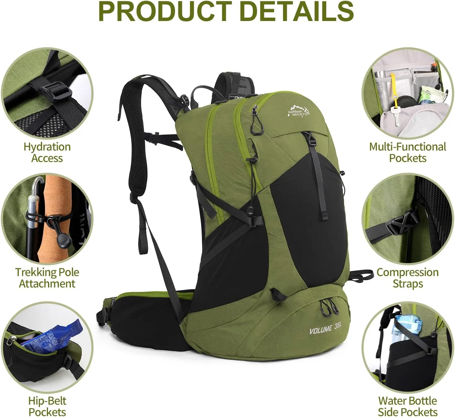 Hiking Backpack,35L Waterproof Hiking Daypack with 3L Water Bladder and Rain Cover, Lightweight Travel Camping Backpack for Men Women (Dark Green)