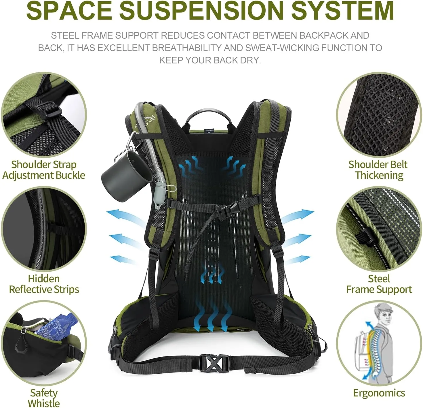 Hiking Backpack,35L Waterproof Hiking Daypack with 3L Water Bladder and Rain Cover, Lightweight Travel Camping Backpack for Men Women (Dark Green)