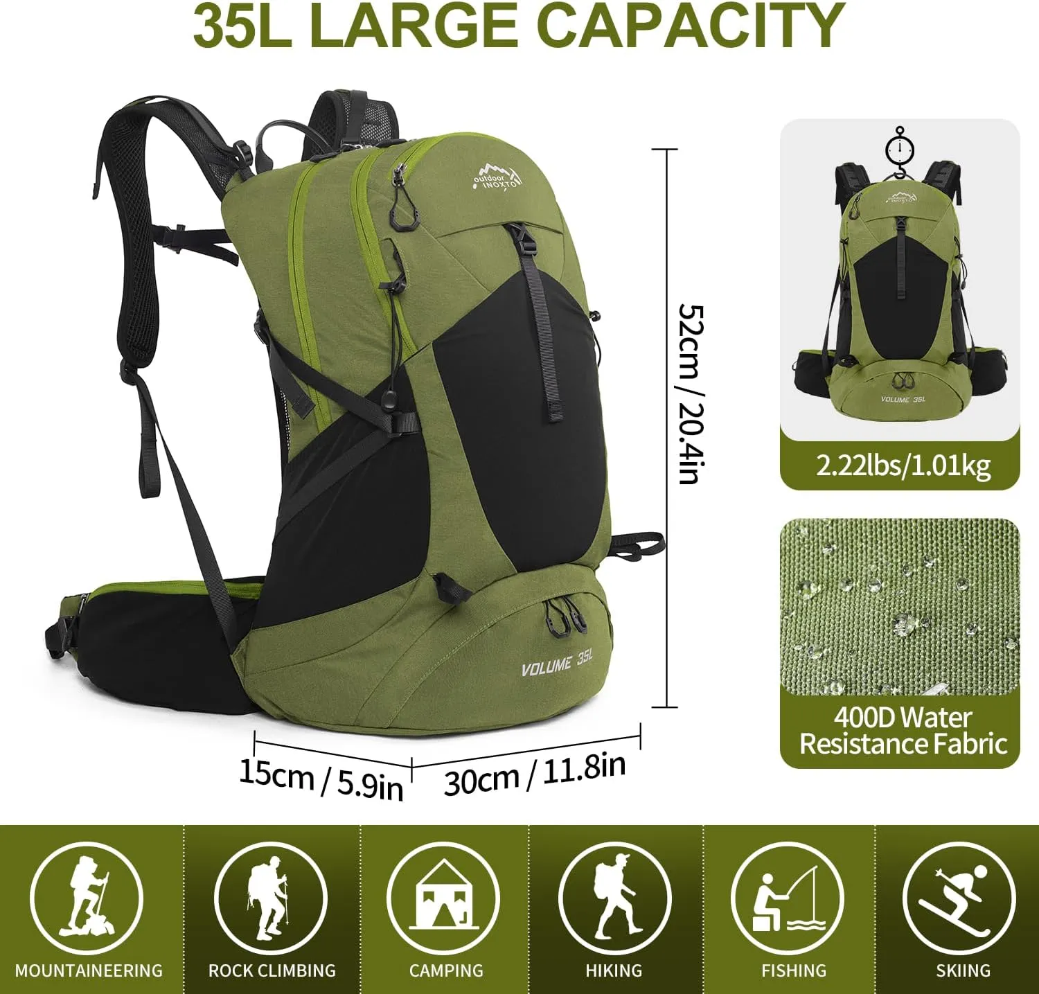 Hiking Backpack,35L Waterproof Hiking Daypack with 3L Water Bladder and Rain Cover, Lightweight Travel Camping Backpack for Men Women (Dark Green)