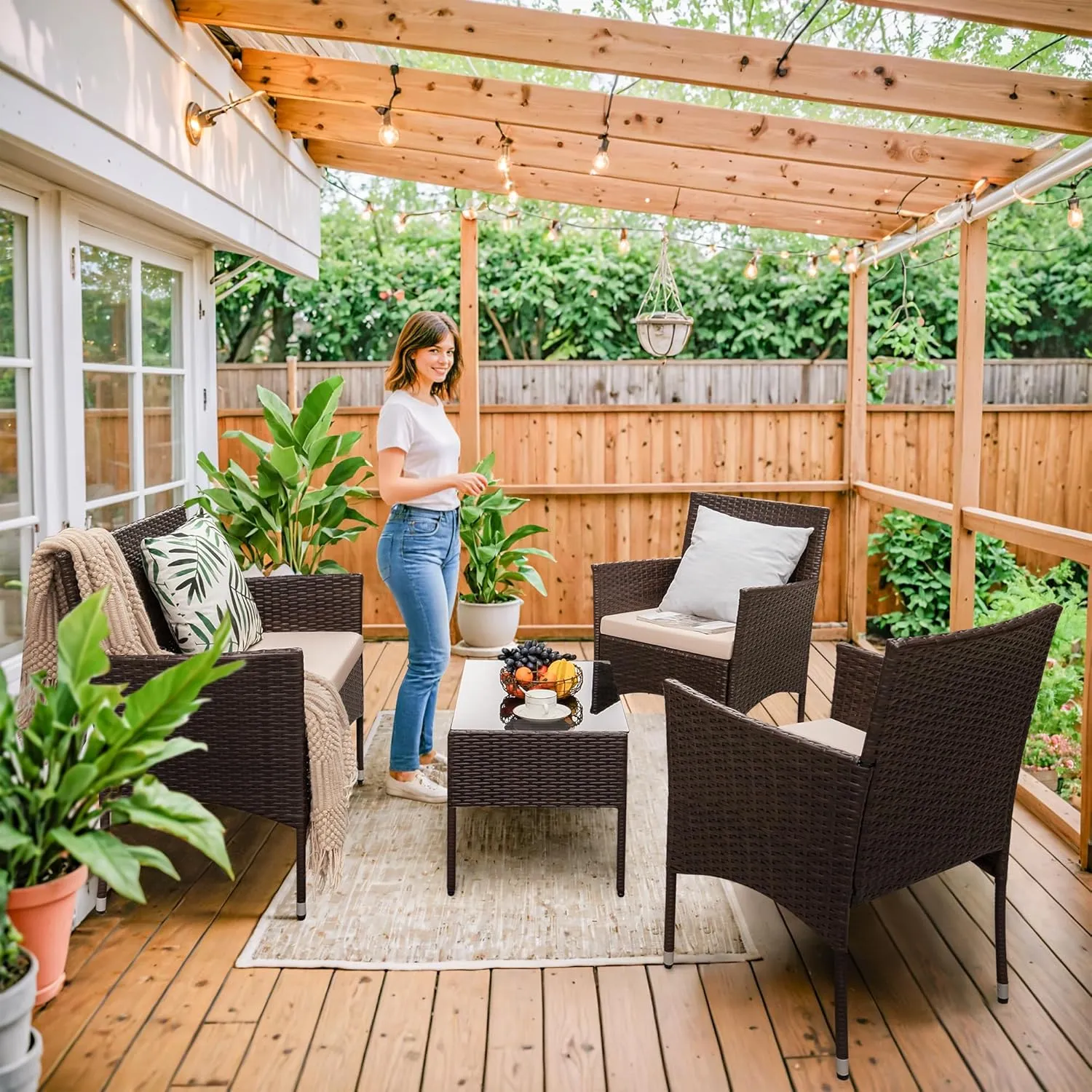 Homall 4 Pieces Outdoor Patio Furniture Sets Rattan Chair Wicker Set, Outdoor Indoor Use Backyard Porch Garden Poolside Balcony Furniture Sets Clearance (Brown and Beige)