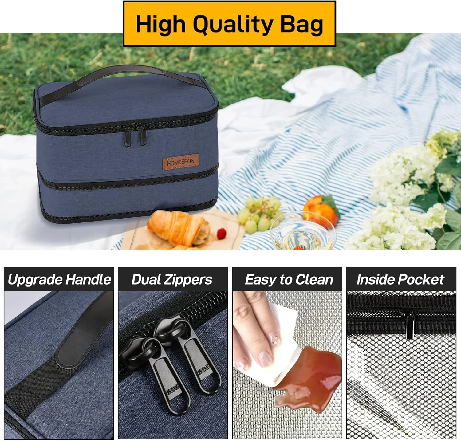HOMESPON Expandable Lunch Bag for Men Women Insulated Lunch Box Holder with Handle for Picnics Work Travel(Blue)