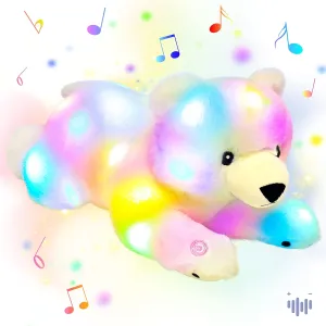 Hopearl LED Musical Stuffed Polar Bear Lighting Up Singing Plush Toy Adjustable Volume Lullaby Animated Soothe Birthday Festival for Kids Toddler Girls, White, 14''