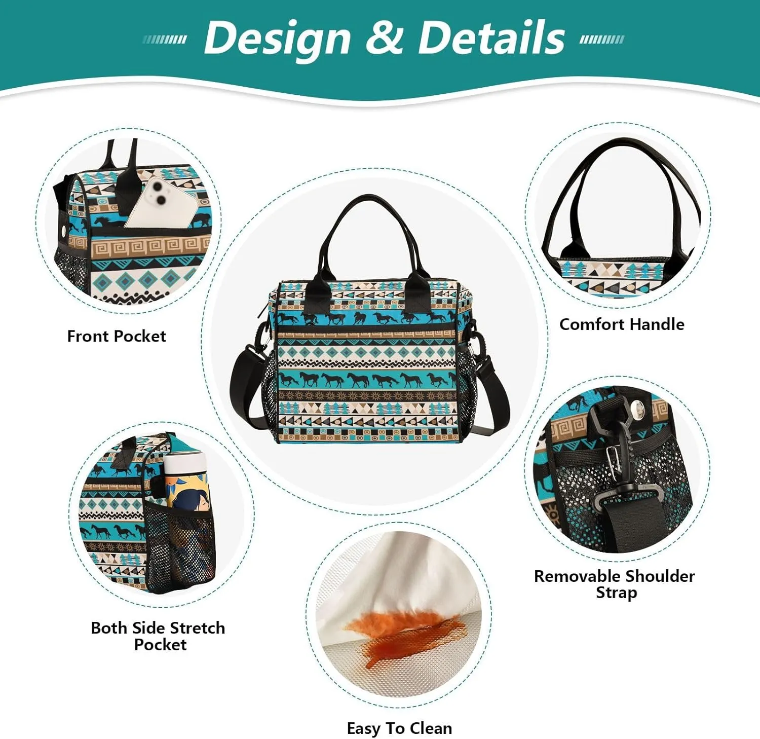 Horse Lunch Bag Reusable Lunch Box for Men Women Adults, Insulated Cooler Tote Bag Container with Adjustable Shoulder Strap for Travel Office Picnic Hiking Beach Medium