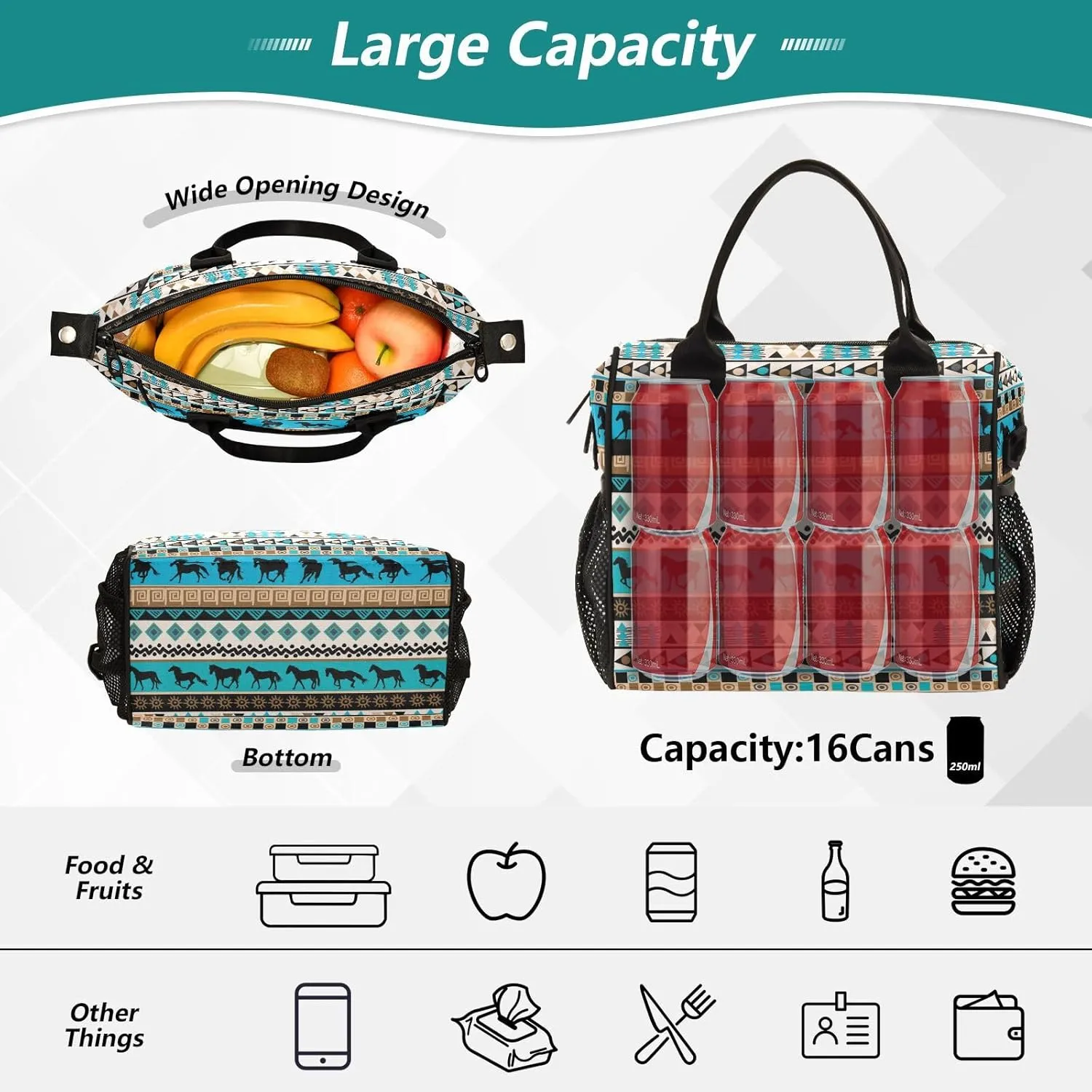 Horse Lunch Bag Reusable Lunch Box for Men Women Adults, Insulated Cooler Tote Bag Container with Adjustable Shoulder Strap for Travel Office Picnic Hiking Beach Medium