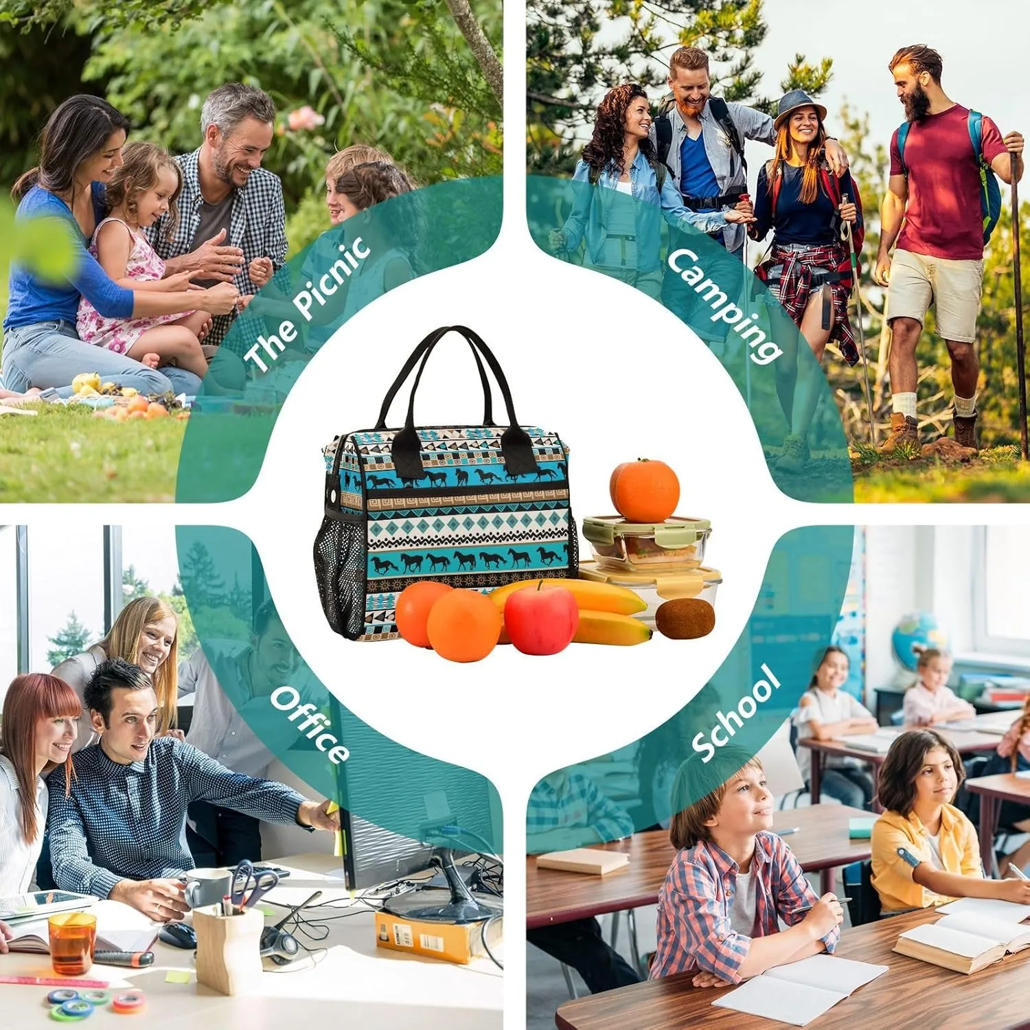 Horse Lunch Bag Reusable Lunch Box for Men Women Adults, Insulated Cooler Tote Bag Container with Adjustable Shoulder Strap for Travel Office Picnic Hiking Beach Medium
