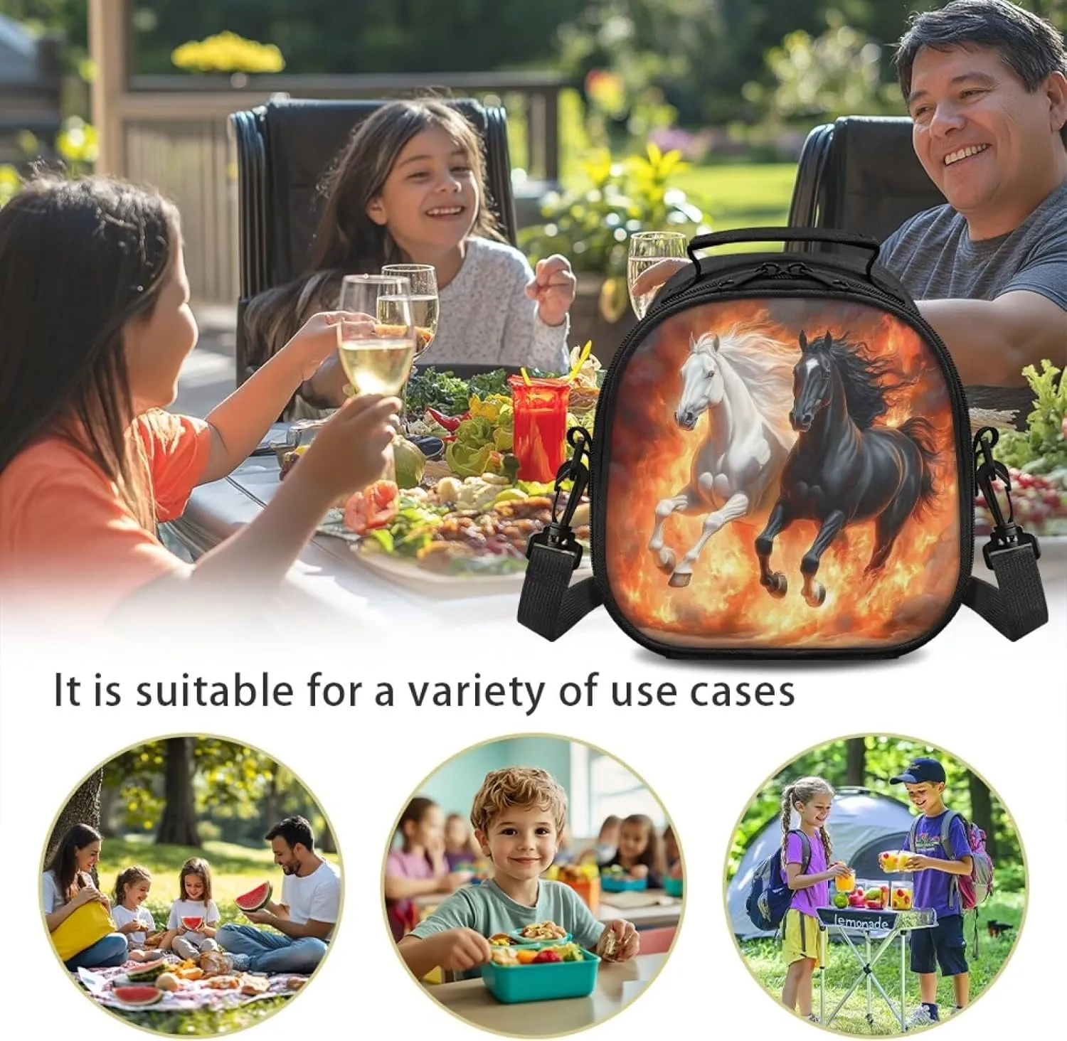 Horse Lunch Box for Girls for School Meal Prep Containers Reusable Insulated Cooler Tote Bag Lunch Bags with Adjustable Shoulder Strap & Inner Zipper Pocket Small Lunchbox