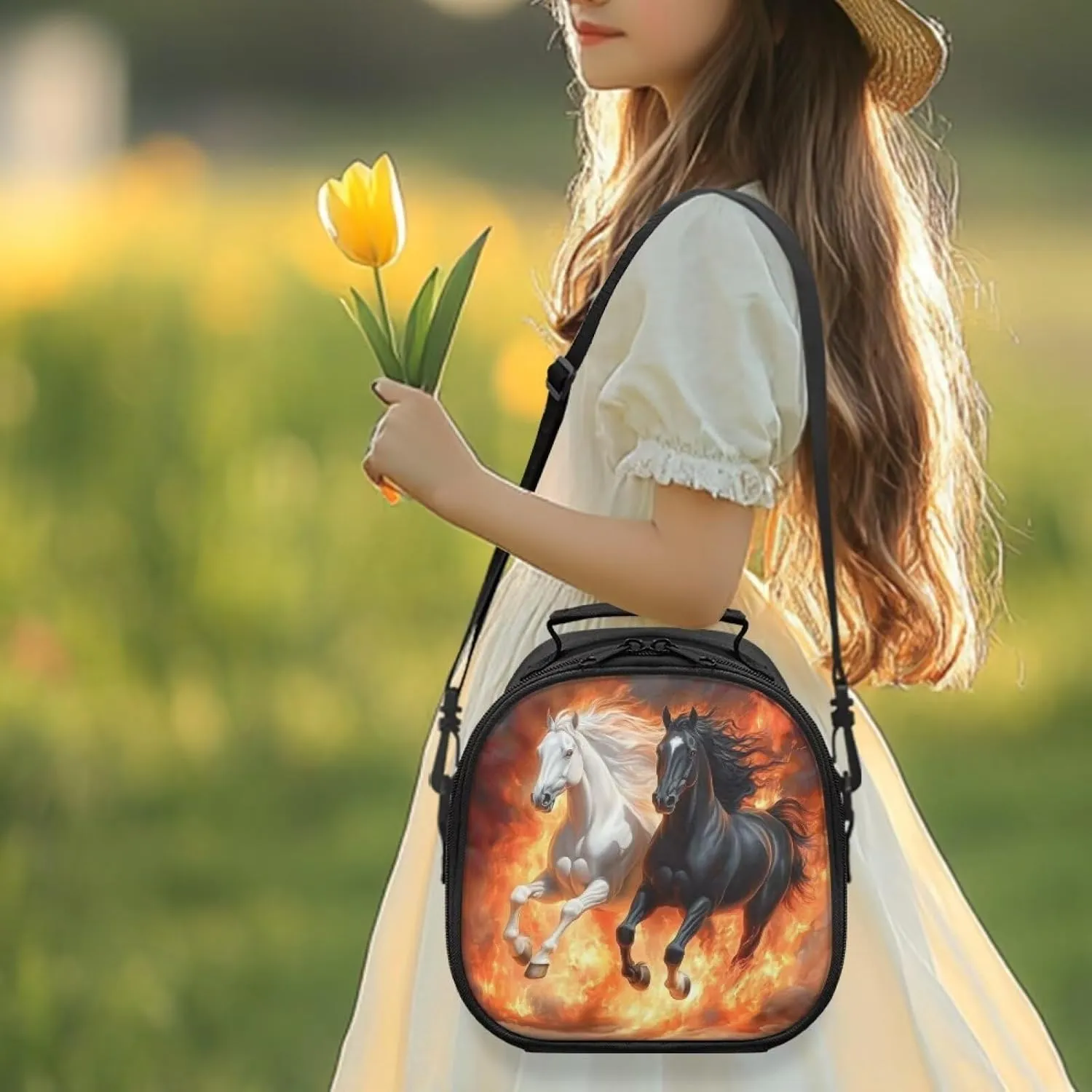 Horse Lunch Box for Girls for School Meal Prep Containers Reusable Insulated Cooler Tote Bag Lunch Bags with Adjustable Shoulder Strap & Inner Zipper Pocket Small Lunchbox
