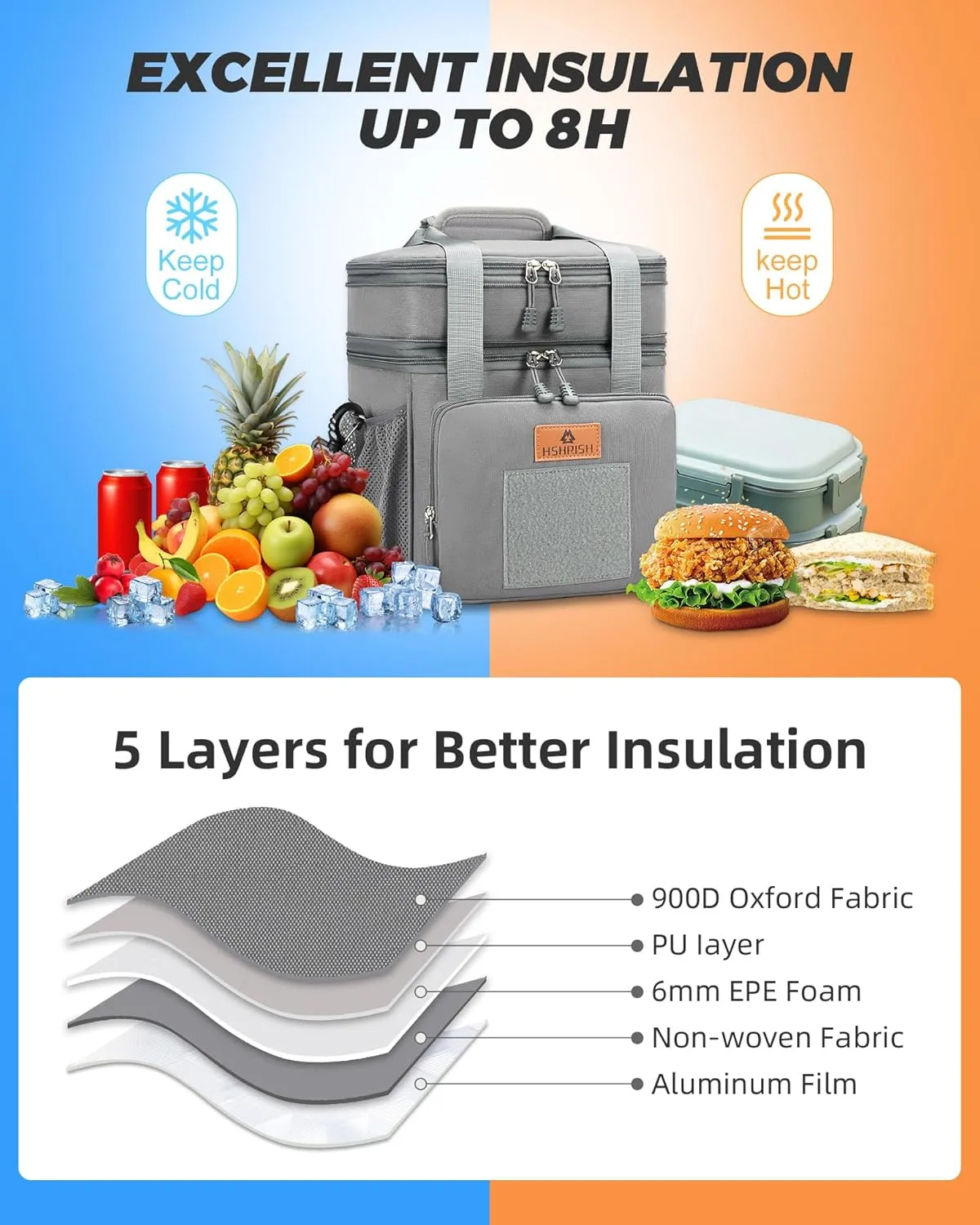 HSHRISH Expandable Large Tactical Lunch Box for Adults, Durable Insulated Lunch Bag with Lots of Storage Space, Cooler Bag for Men Women Work Outdoor Picnic Trips, 24 Cans/16 L
