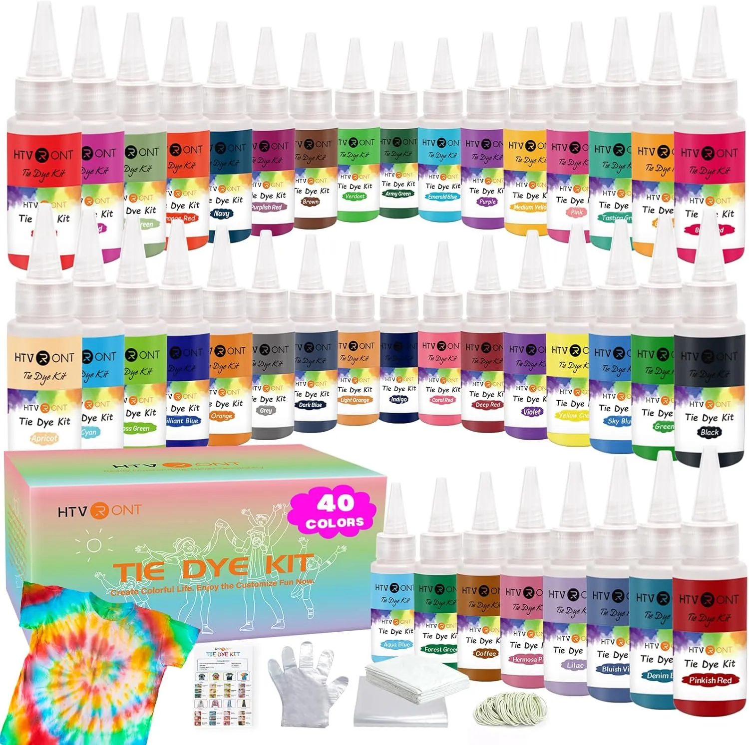 HTVRONT Tie Dye Kit - 40 Vibrant Colors Pre-Filled Bottles Tye Dye Kit for Large Groups, Permanent Tie Dye Kits for Adults and Kids Tyedyedye Party Supplies(Just Add Water)