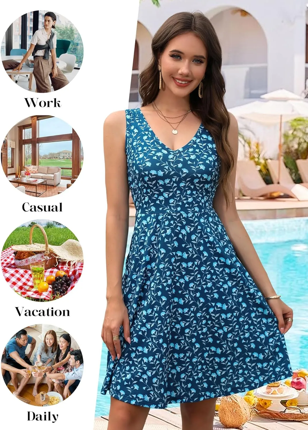 HUHOT Womens Sleeveless V Neck Dress with Pocket Summer Beach Midi Flared Tank Dress