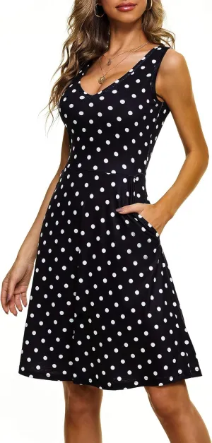 HUHOT Womens Sleeveless V Neck Dress with Pocket Summer Beach Midi Flared Tank Dress