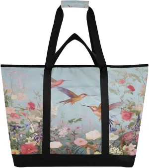 Hummingbirds Flowers Reusable Insulated Lunchbox Cooler Bag, Leakproof Kitchen Grocery Bag Collapsible Portable Cooler Tote Bag for Picnic, Camping, Office, Travel