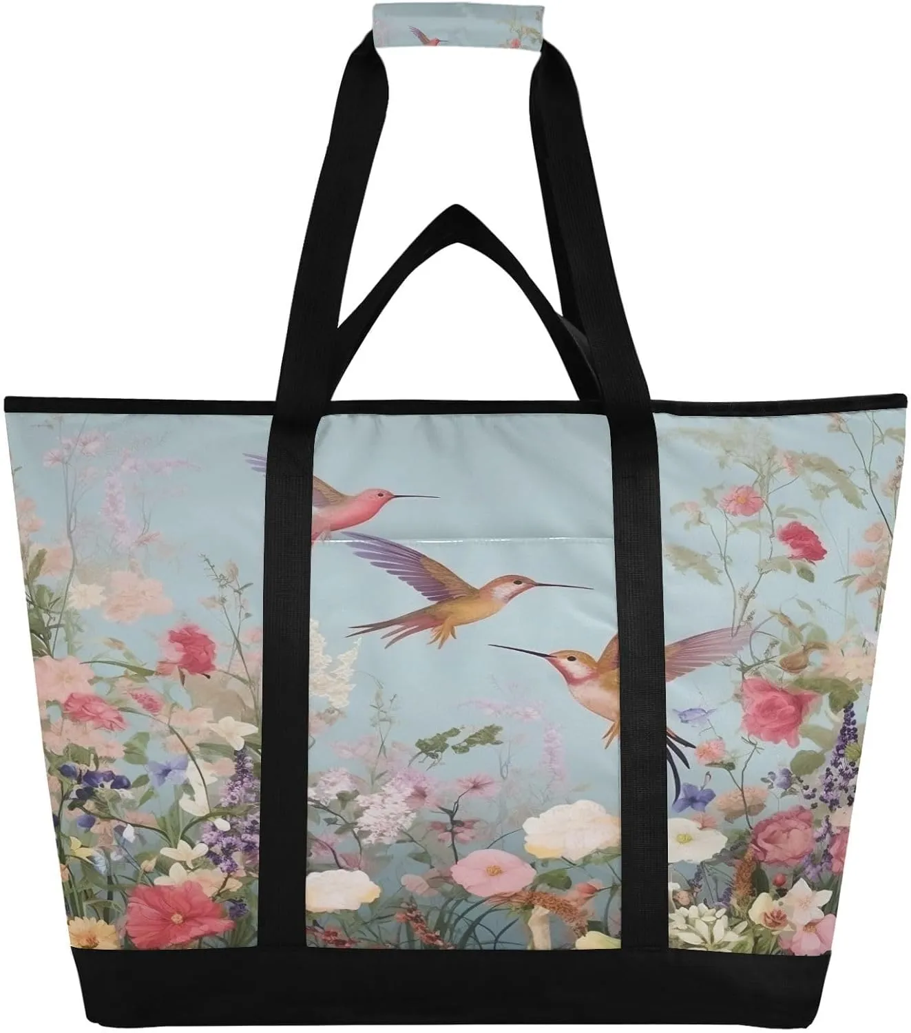 Hummingbirds Flowers Reusable Insulated Lunchbox Cooler Bag, Leakproof Kitchen Grocery Bag Collapsible Portable Cooler Tote Bag for Picnic, Camping, Office, Travel