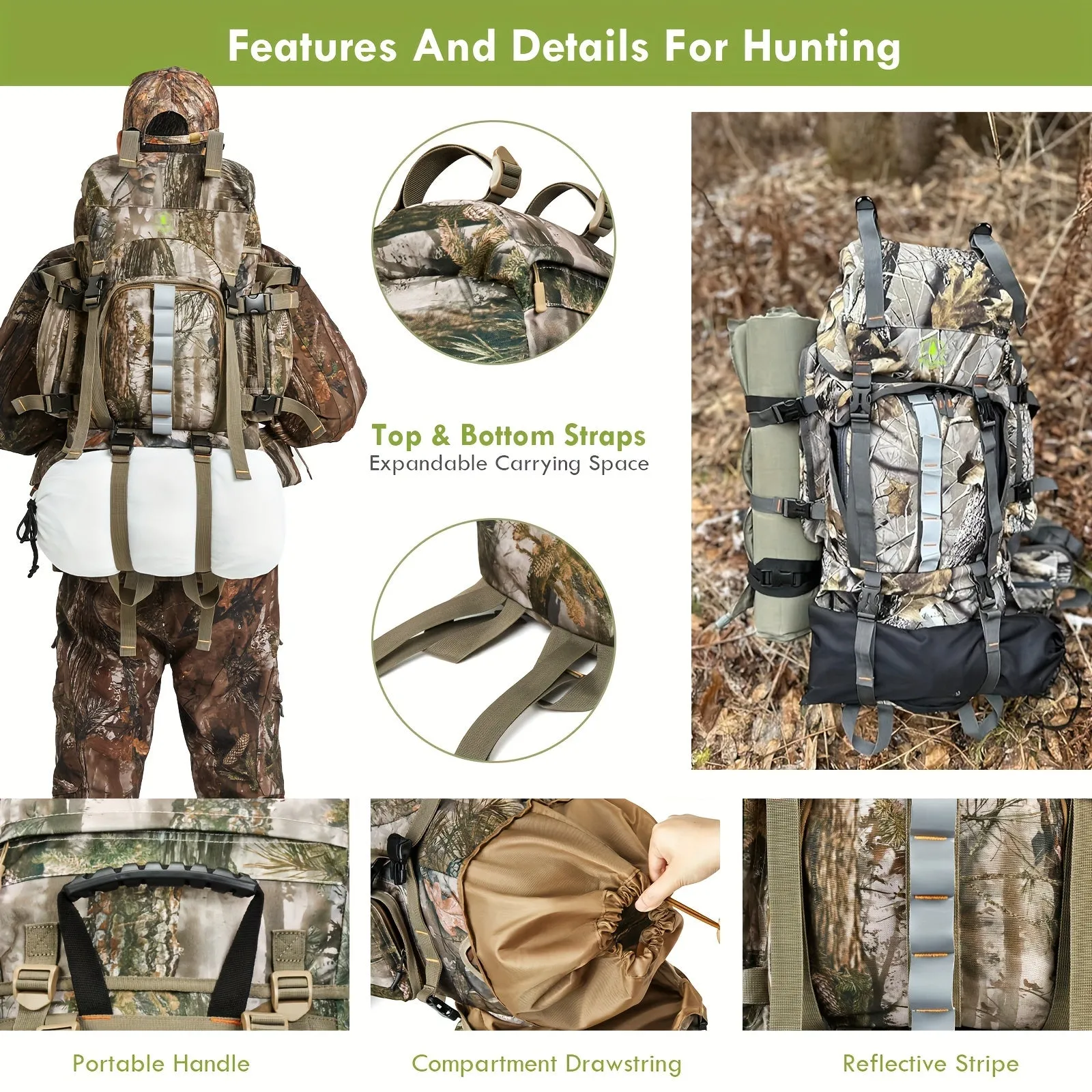 Hunting Backpack For Men, 60L Camo Backpack With Waterproof Rain Cover, 600D Hunting Pack For Hunters