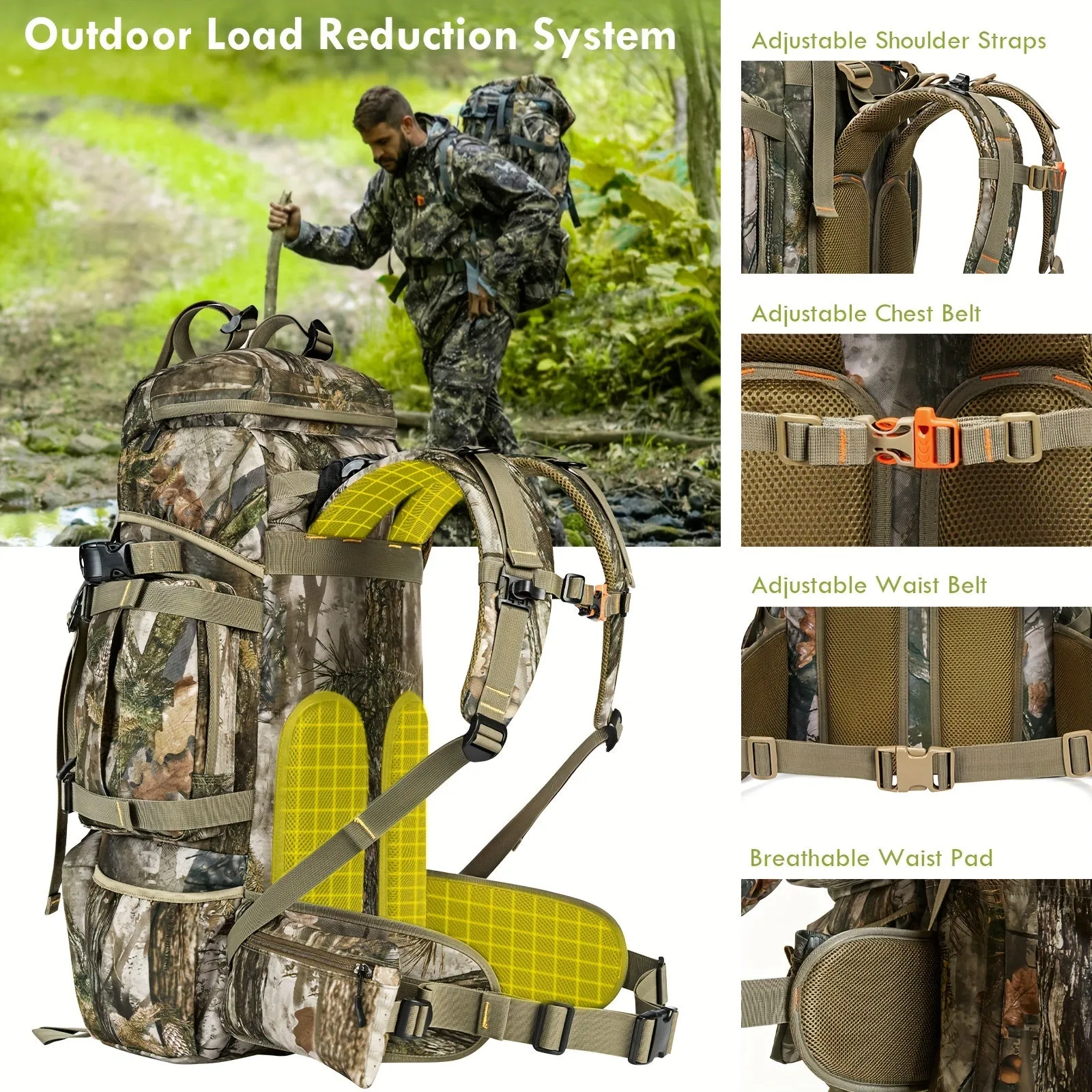 Hunting Backpack For Men, 60L Camo Backpack With Waterproof Rain Cover, 600D Hunting Pack For Hunters