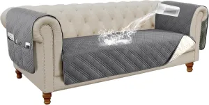H.VERSAILTEX 100% Waterproof Couch Cover for 3 Cushion Couch Traditional Chesterfield Sofa Cover for Dogs Furniture Protector Cover with with Extra Long Armrest Cover for Pet Cat(Sofa, Grey/Beige)