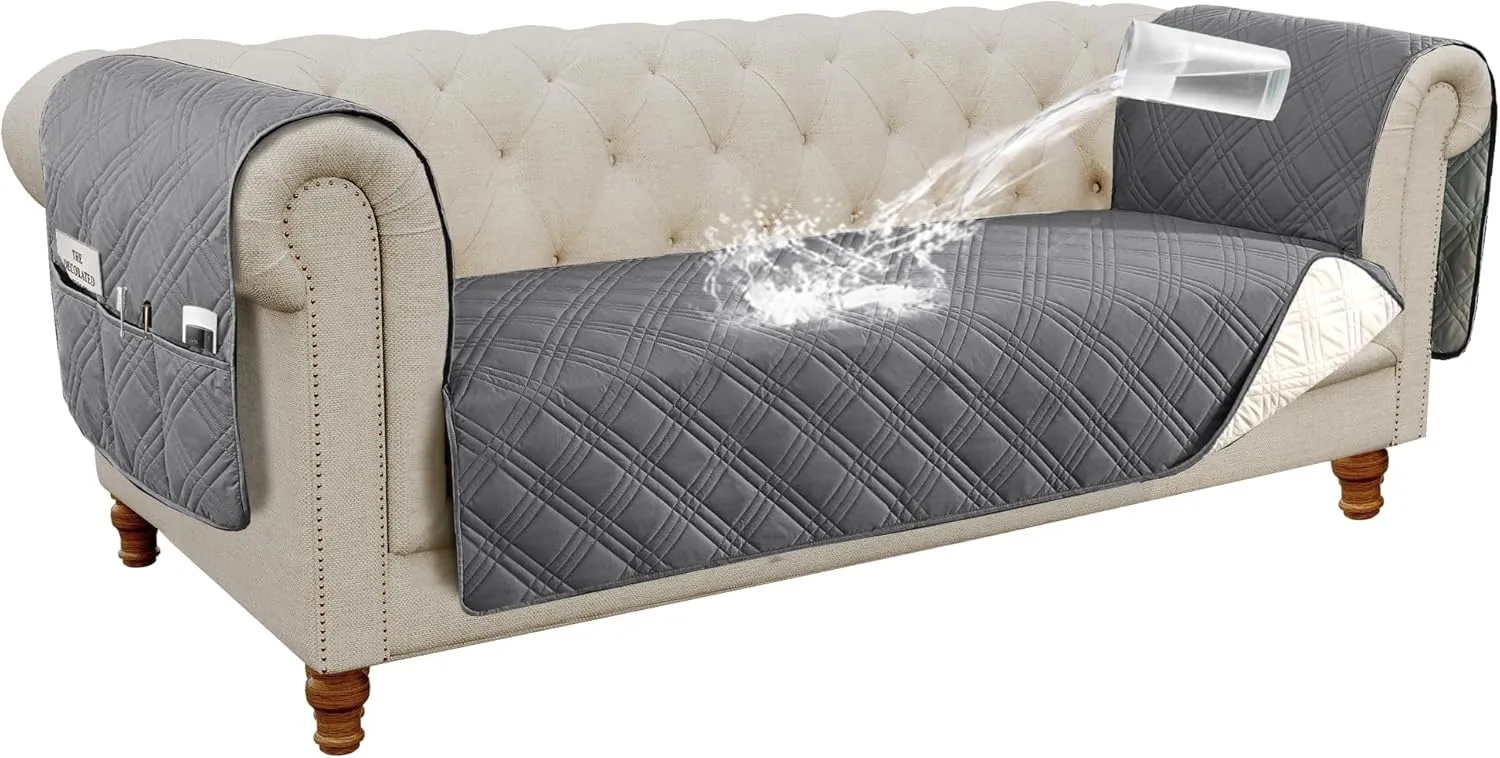 H.VERSAILTEX 100% Waterproof Couch Cover for 3 Cushion Couch Traditional Chesterfield Sofa Cover for Dogs Furniture Protector Cover with with Extra Long Armrest Cover for Pet Cat(Sofa, Grey/Beige)