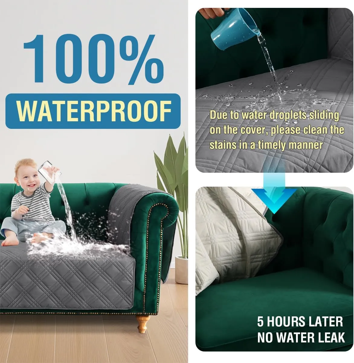 H.VERSAILTEX 100% Waterproof Couch Cover for 3 Cushion Couch Traditional Chesterfield Sofa Cover for Dogs Furniture Protector Cover with with Extra Long Armrest Cover for Pet Cat(Sofa, Grey/Beige)