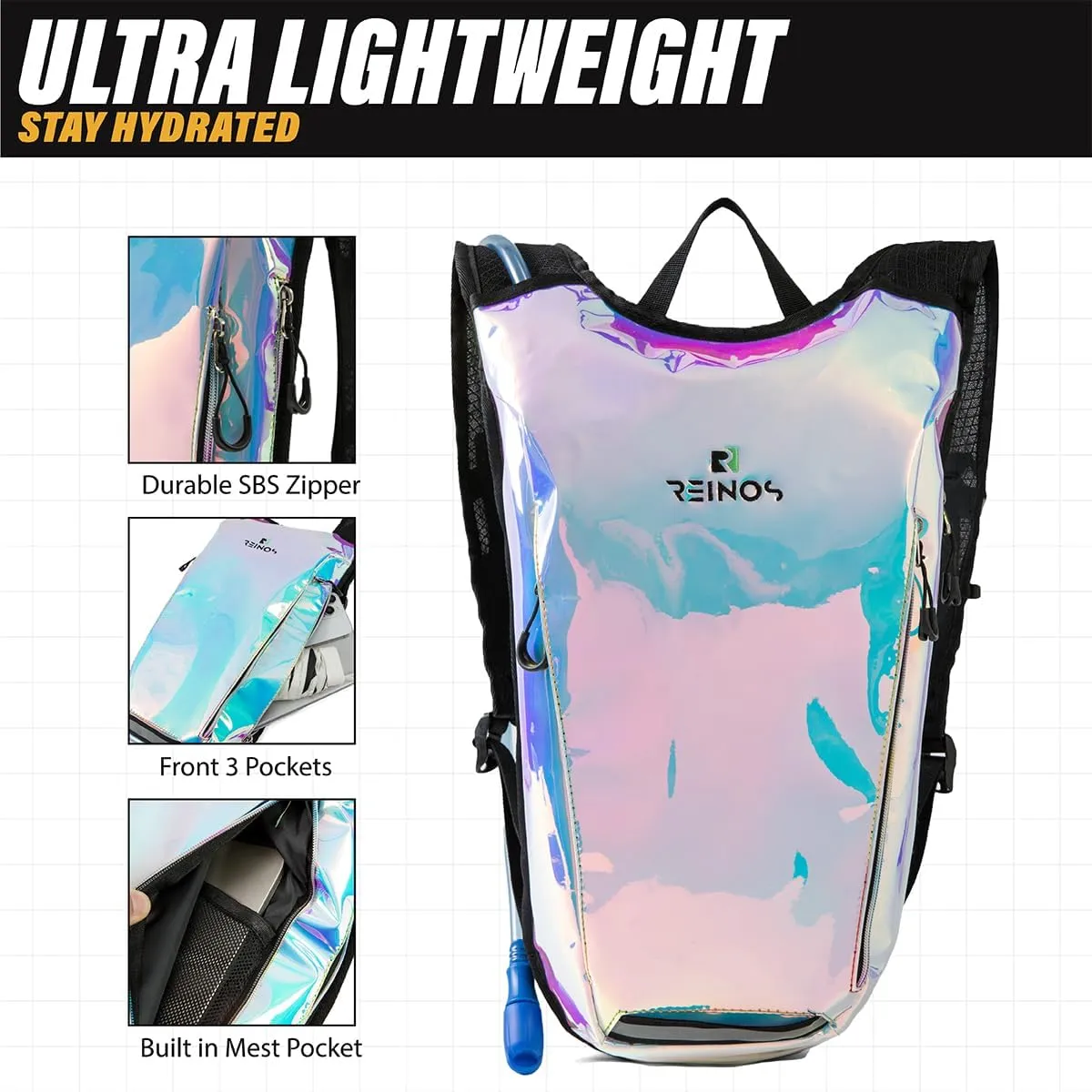 Hydration Backpack Pack with 2L Water Bladder Rave Essentials Lightweight Bag for Hiking, Running Vest, Music Festival for Men Women (Flash)