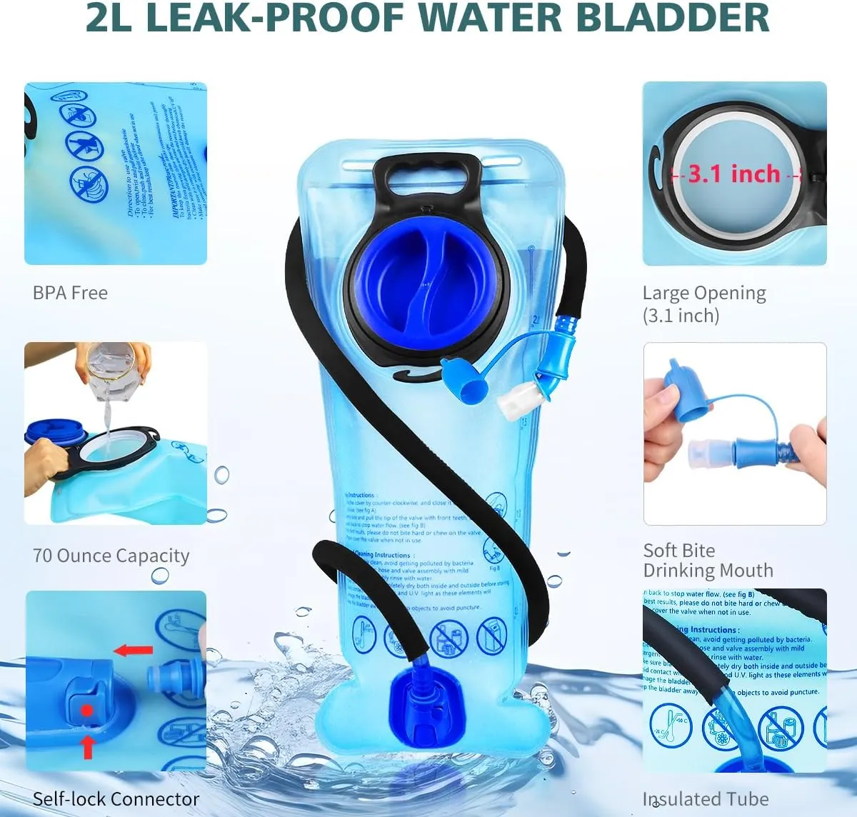 Hydration Pack, Insulated Hydration Backpack with 2L Hydration Bladder, Hiking Backpack for Men Women Kids, Water Backpack for Hiking, Running, Cycling, Camping