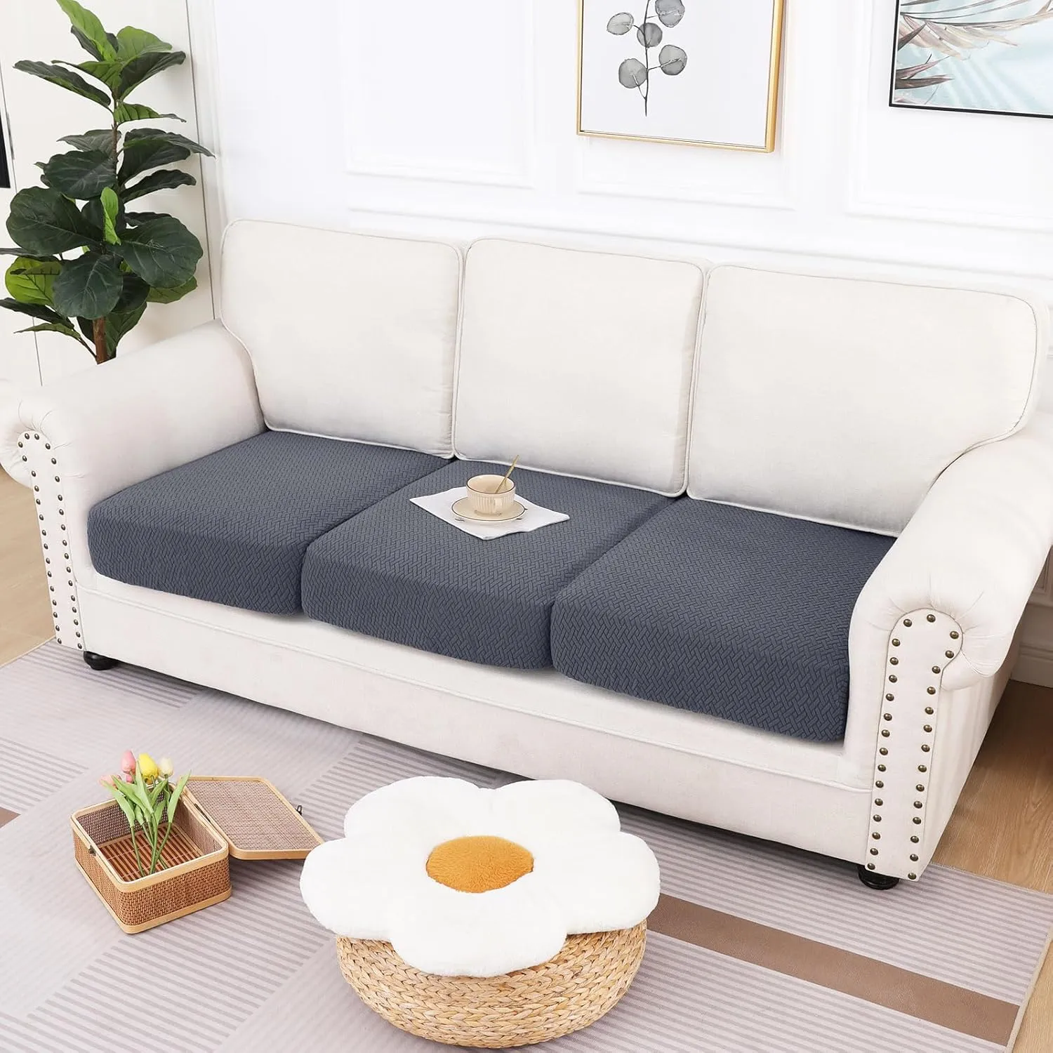 hyha Waterproof Couch Cushion Covers, Stretch Magic Sofa Covers Washable, Thick Jacquard Fabric, Waterproof Sofa Couch Covers for 3 Cushion Couch Sofa for Pets (3 Packs, Grey)