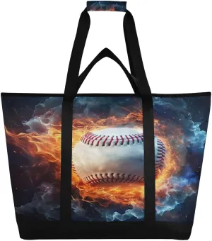 Ice Fire Baseball Reusable Insulated Lunchbox Cooler Bag, Leakproof Kitchen Grocery Bag Collapsible Portable Cooler Tote Bag for Picnic, Camping, Office, Travel
