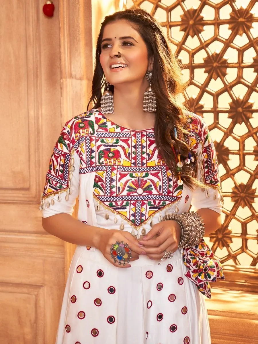 Ice White Navratri Special Mirror Worked Rayon Lehenga Choli