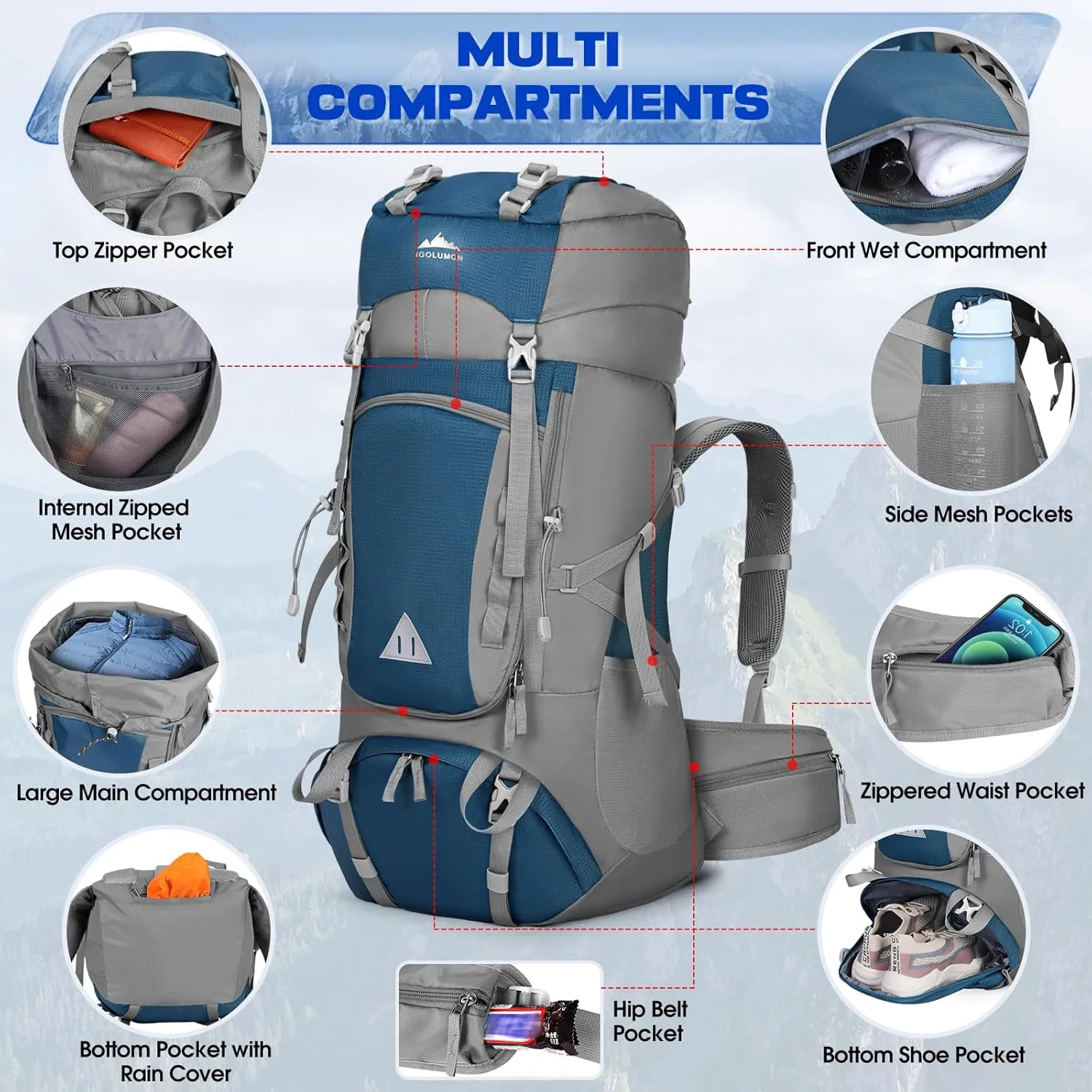 IGOLUMON 60L Hiking Backpack Waterproof Camping Backpack with Rain Cover Large Lightweight Backpacking Backpack for Men Women