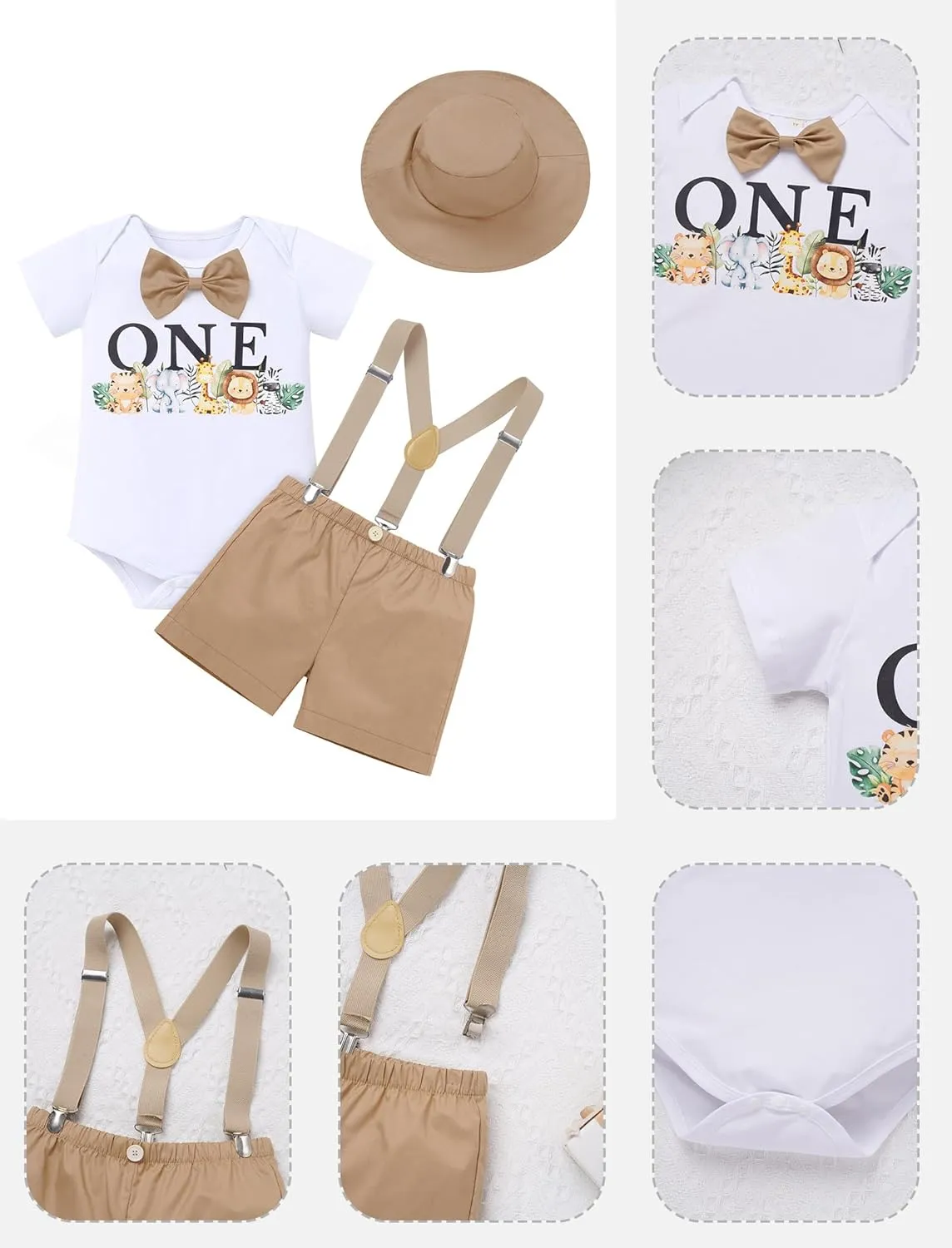 IMEKIS Baby Boys 1st Birthday Outfit Jungle Safari Animals Romper Suspenders Shorts Hat 4PCS Cake Smash Photo Shoot