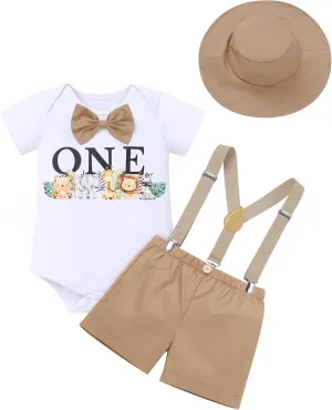 IMEKIS Baby Boys 1st Birthday Outfit Jungle Safari Animals Romper Suspenders Shorts Hat 4PCS Cake Smash Photo Shoot