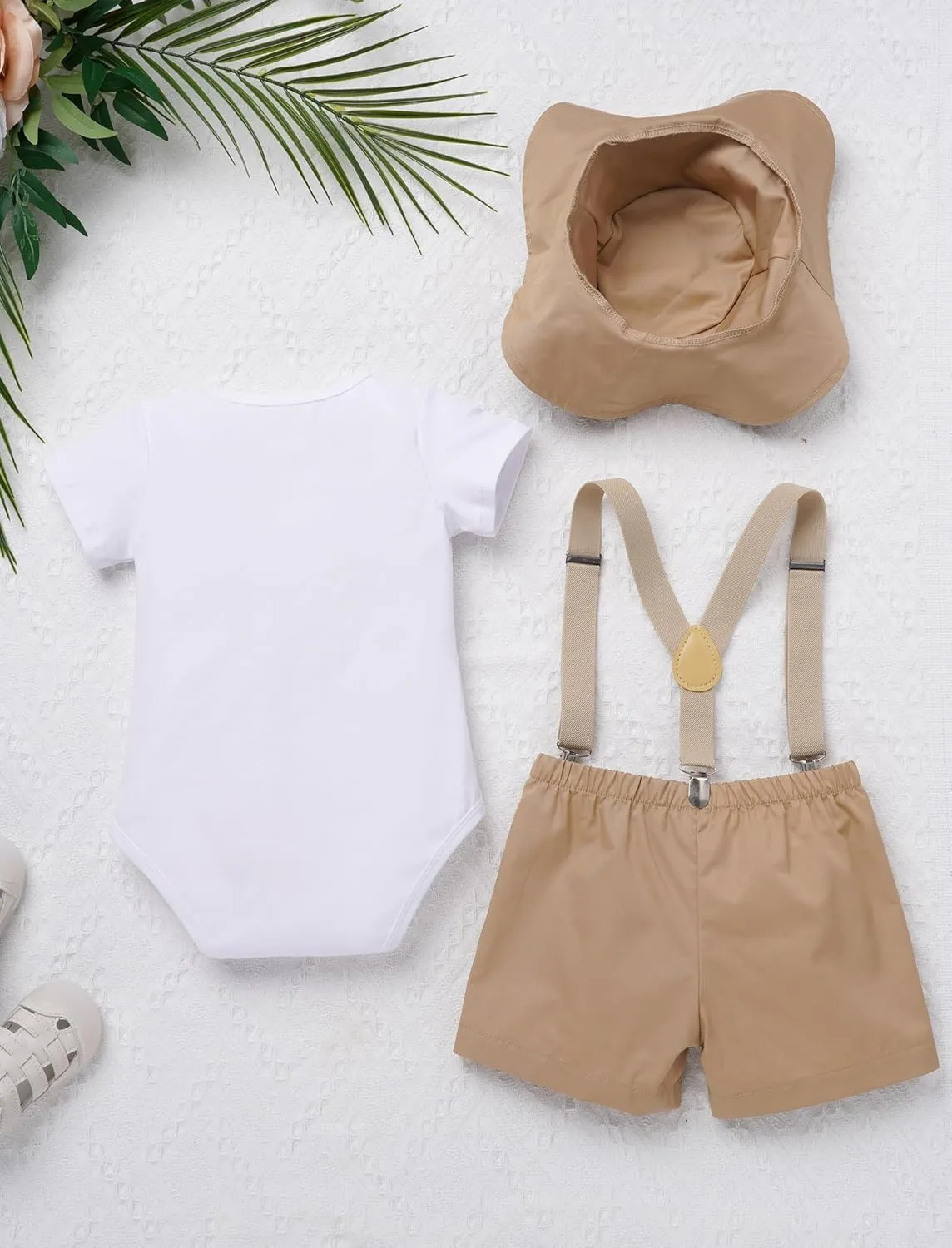 IMEKIS Baby Boys 1st Birthday Outfit Jungle Safari Animals Romper Suspenders Shorts Hat 4PCS Cake Smash Photo Shoot