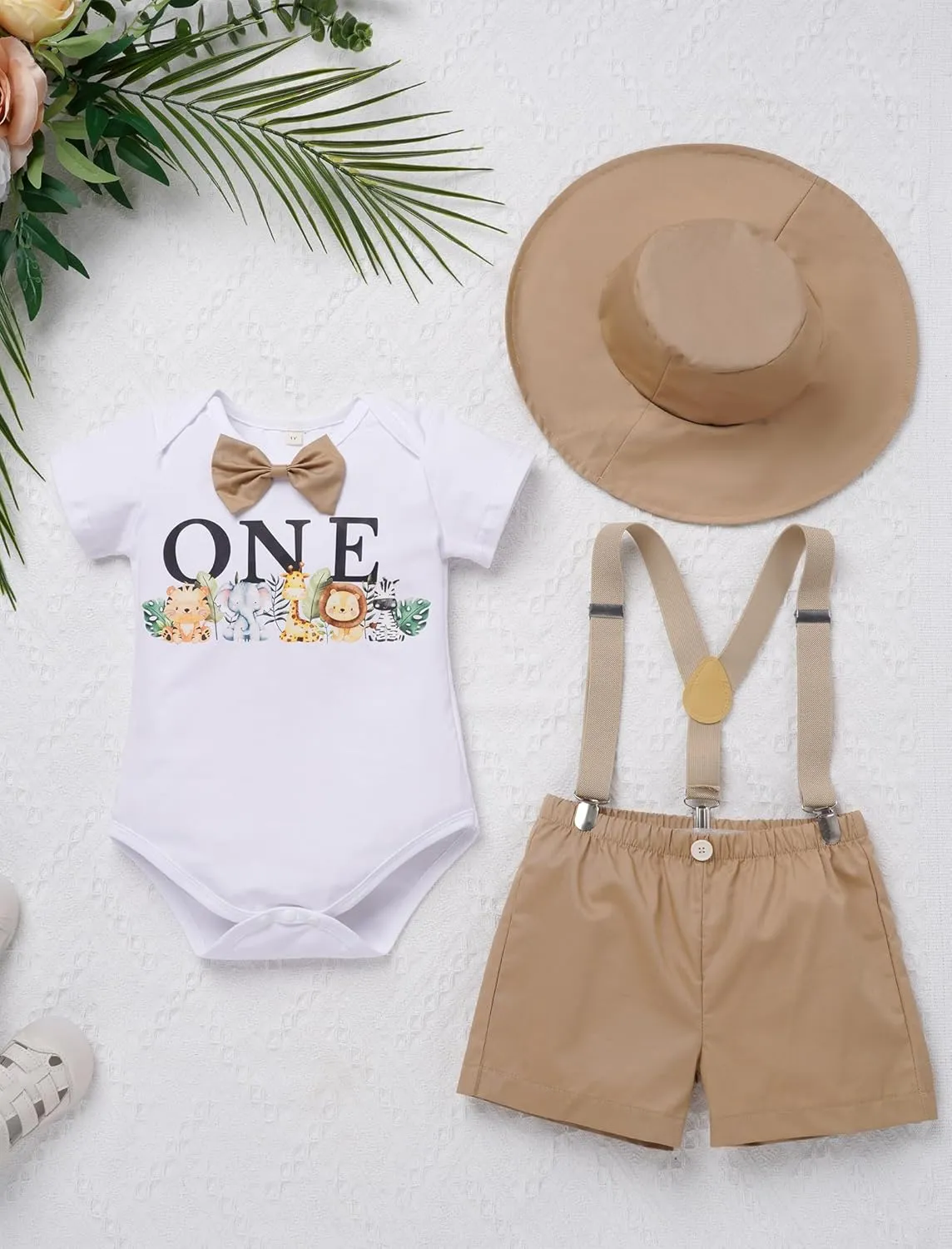 IMEKIS Baby Boys 1st Birthday Outfit Jungle Safari Animals Romper Suspenders Shorts Hat 4PCS Cake Smash Photo Shoot