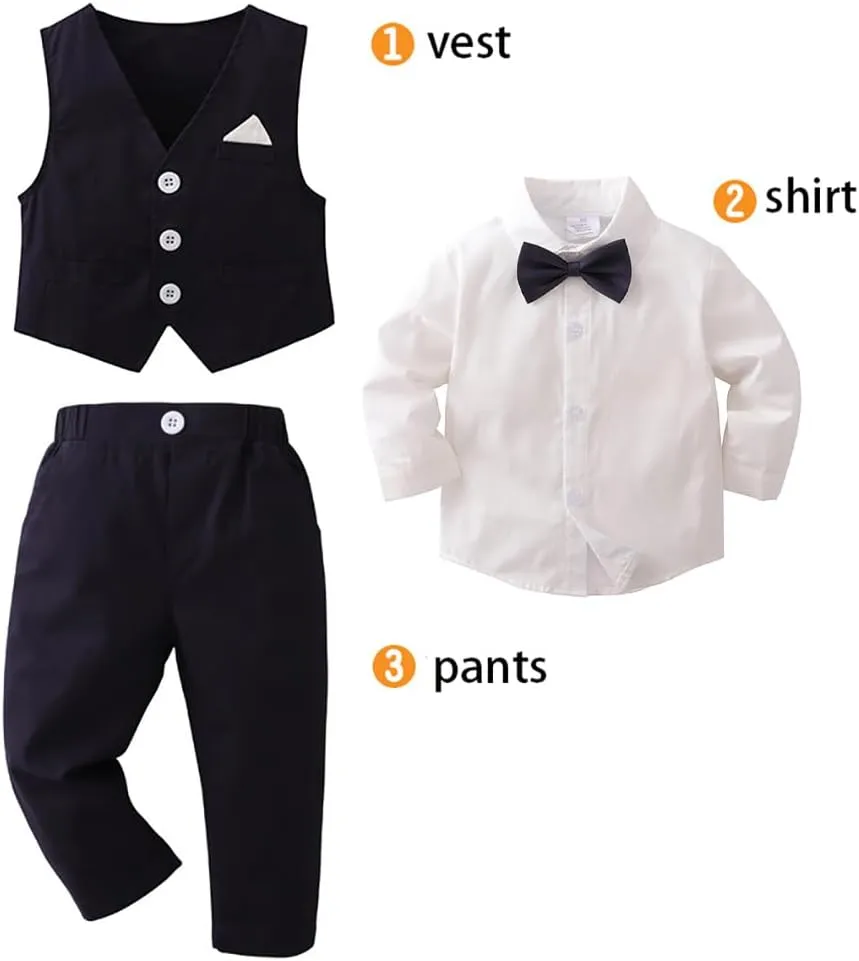 IMEKIS Toddler Baby Boy Christening Outfit Christmas Kids Bowtie Shirt Waistcoat Pants Wedding Holiday Tuxedo Gentleman Suits