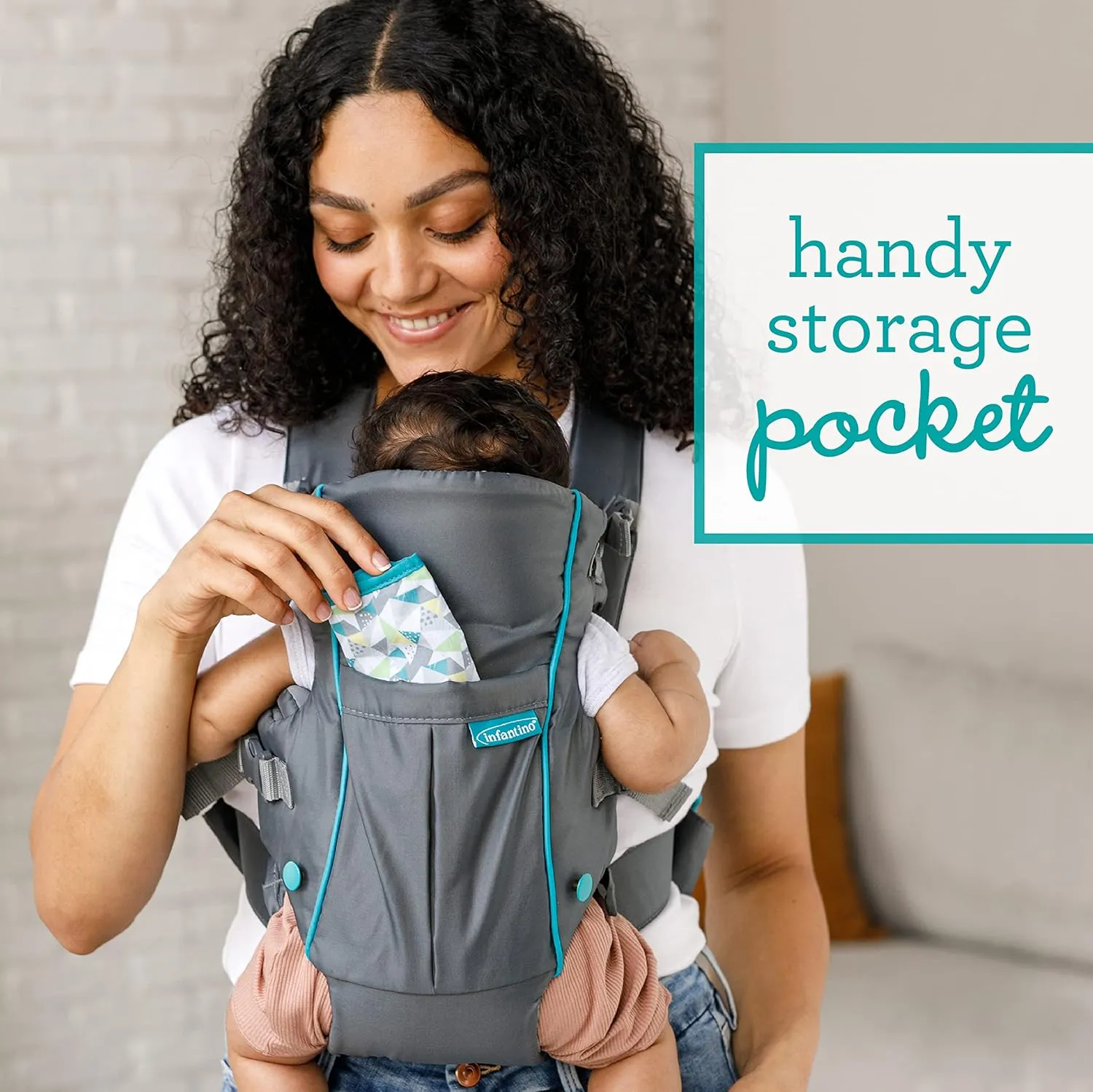 Infantino Swift Classic Carrier with Pocket, 2-Ways to Carry Carrier with Wonder Bib & Essentials Storage Front Pocket for Babies 7-26lb, Adjustable Strap, Gray