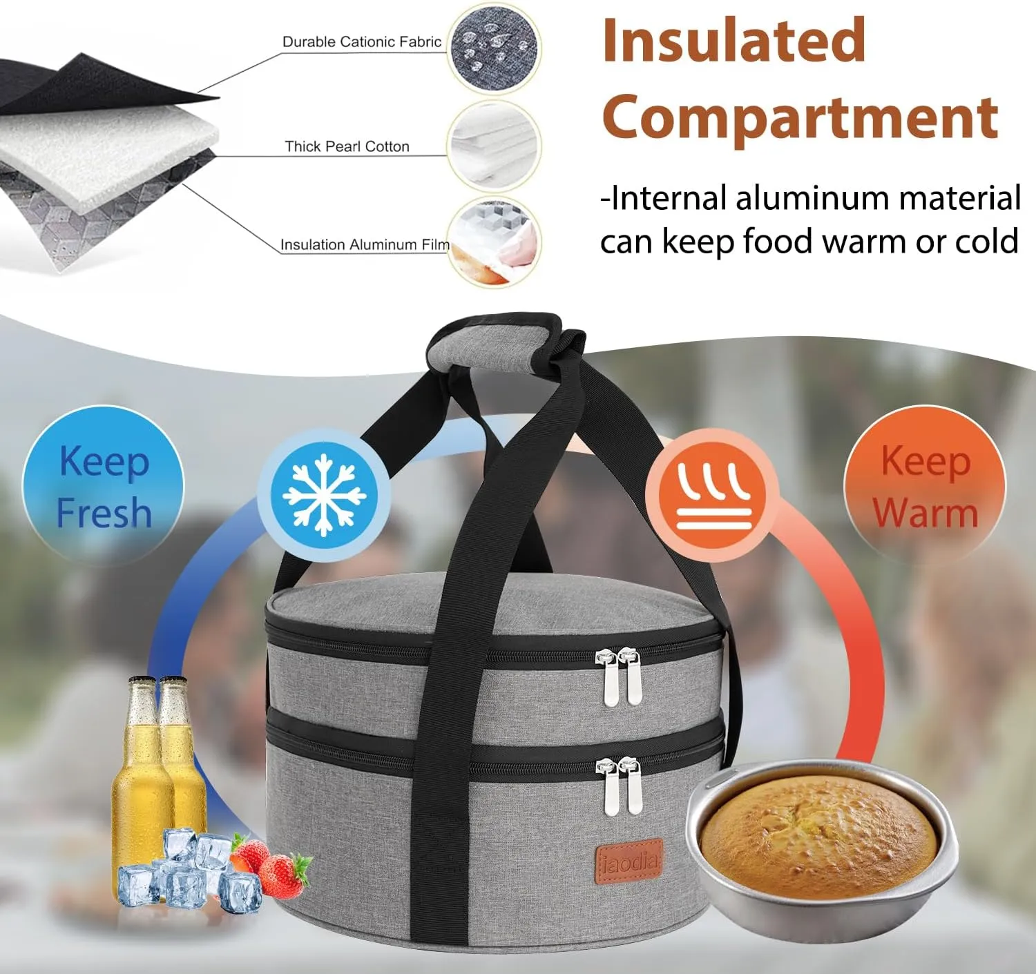 Insulated Casserole Carrier Bag, Expandable Thermal Food Carrier Insulated Travel Carry Bag for Hot or Cold Food for Picnic Cookouts Potluck Parties (Gray)