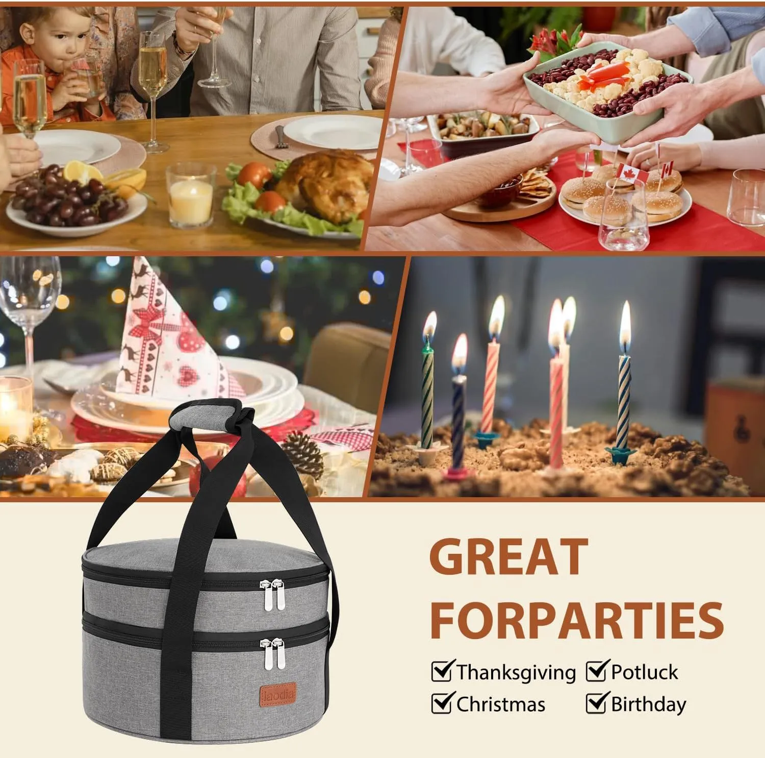 Insulated Casserole Carrier Bag, Expandable Thermal Food Carrier Insulated Travel Carry Bag for Hot or Cold Food for Picnic Cookouts Potluck Parties (Gray)