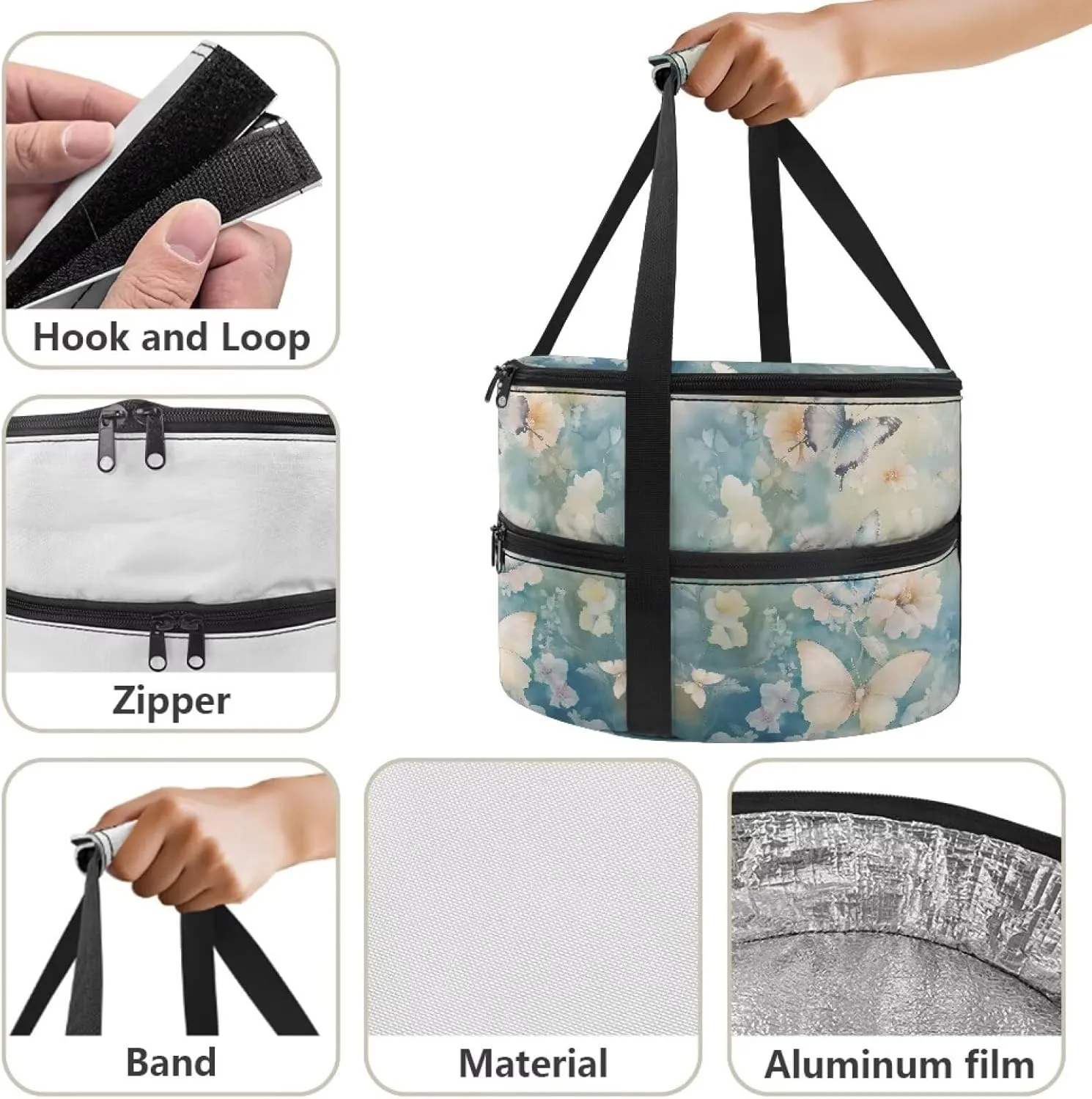 Insulated Casserole Carrier for Hot and Cold Food Portable Food Warmer Drink Beverage Cooler Bag Thermal Baking Dish Carrier Outdoor Dining Essentials, Flower Butterfly