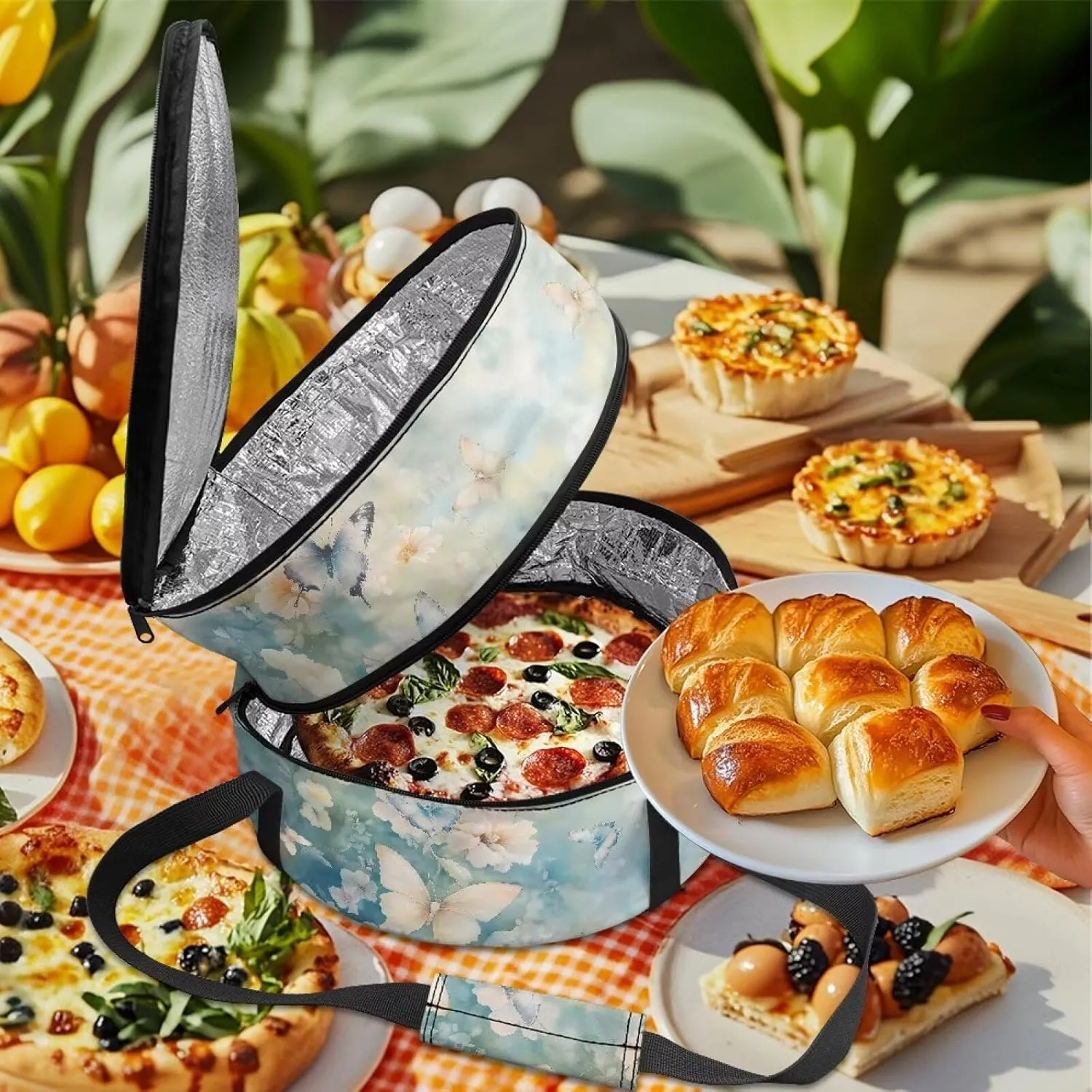 Insulated Casserole Carrier for Hot and Cold Food Portable Food Warmer Drink Beverage Cooler Bag Thermal Baking Dish Carrier Outdoor Dining Essentials, Flower Butterfly