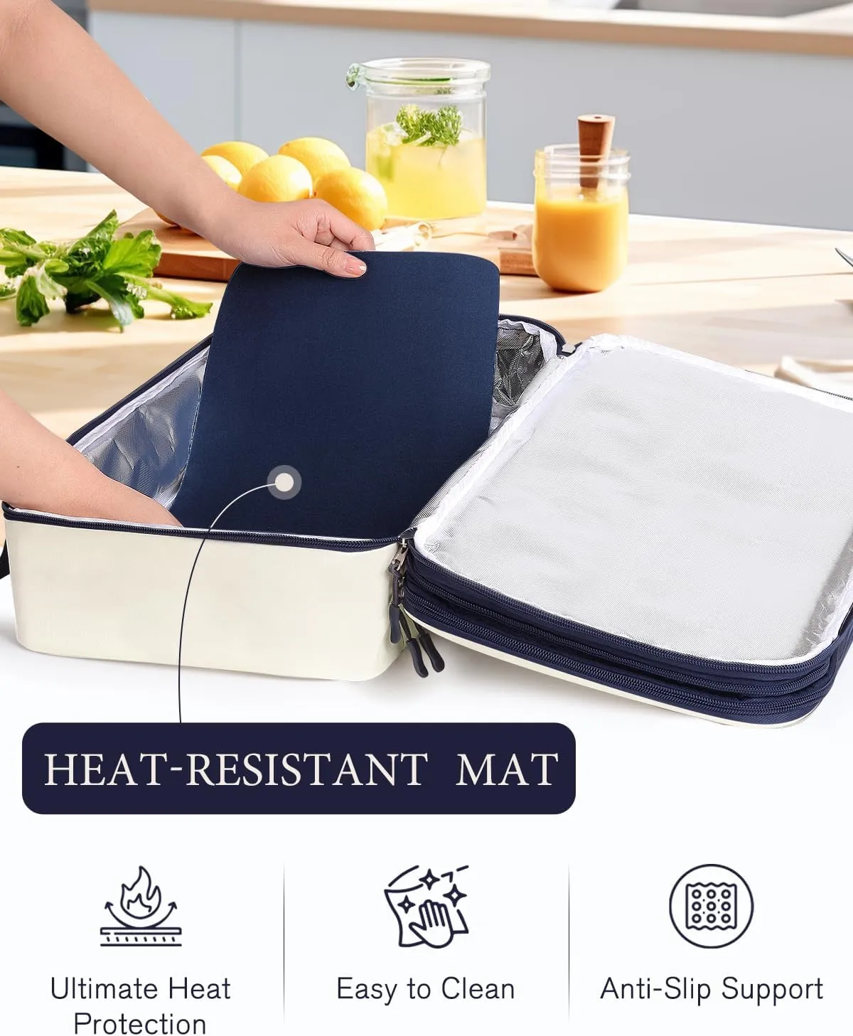 Insulated Casserole Carrier for Hot or Cold Food 9x13 - Insulated Food Container Bag Warmer with Heat-Resistant Mat for Potluck Parties Picnic Cookouts Fits 9" x 13" Casserole or Baking Dish