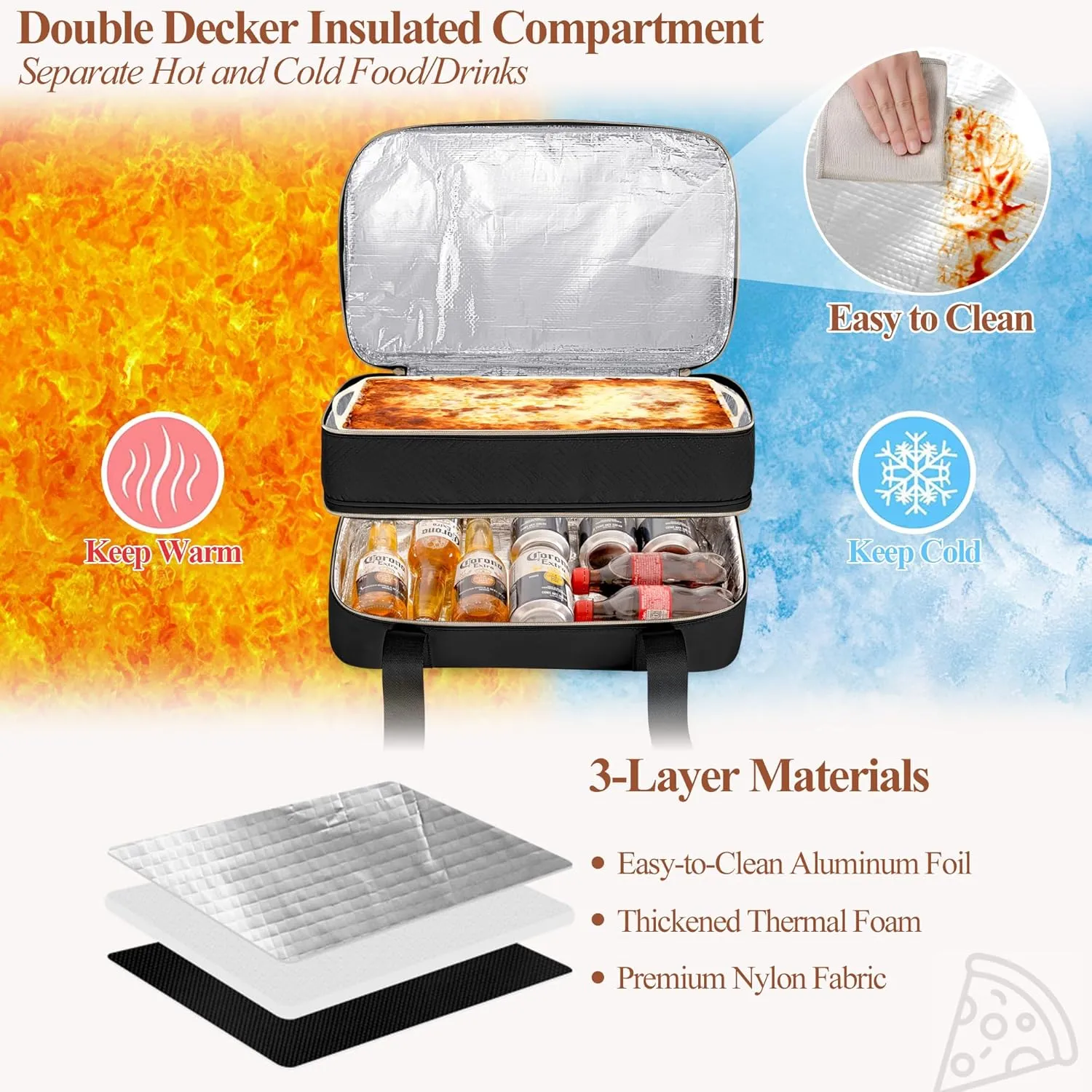 Insulated Casserole Carrier for Hot or Cold Food, Thermal Lasagna Lugger Tote to Keep Food Warm, Double Decker Food Warmer Bag Fits 9”x13” Baking Dish, Black