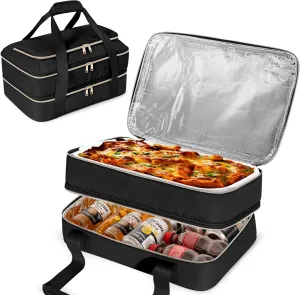 Insulated Casserole Carrier for Hot or Cold Food, Thermal Lasagna Lugger Tote to Keep Food Warm, Double Decker Food Warmer Bag Fits 9”x13” Baking Dish, Black