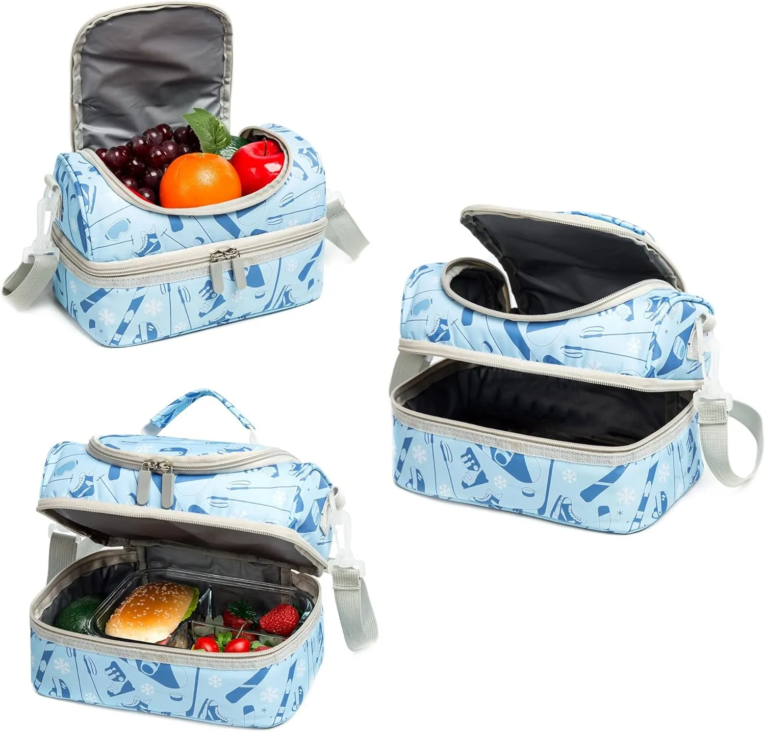 Insulated Kids Double Decker Lunch Bag Tote Pack for Girls Boys Toddler School Picnic Food Cooler Hot Water Ice with Strap (Winter Sports)