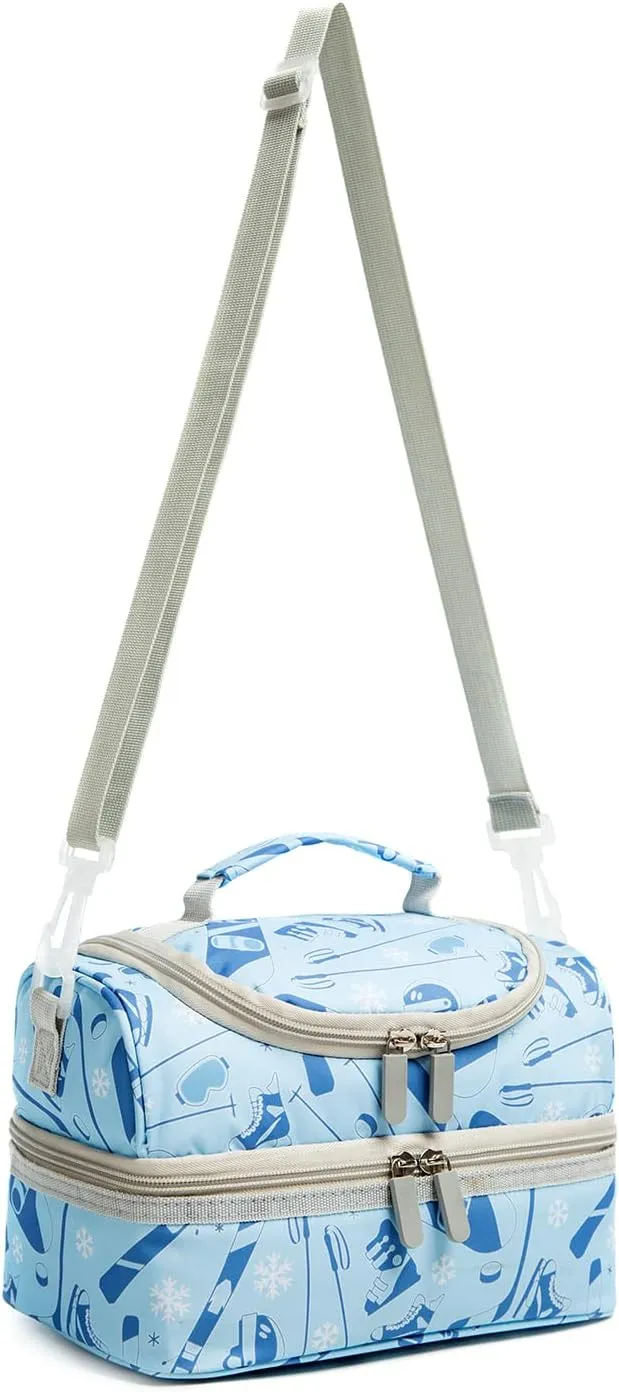 Insulated Kids Double Decker Lunch Bag Tote Pack for Girls Boys Toddler School Picnic Food Cooler Hot Water Ice with Strap (Winter Sports)