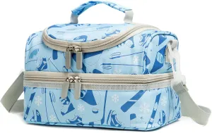 Insulated Kids Double Decker Lunch Bag Tote Pack for Girls Boys Toddler School Picnic Food Cooler Hot Water Ice with Strap (Winter Sports)