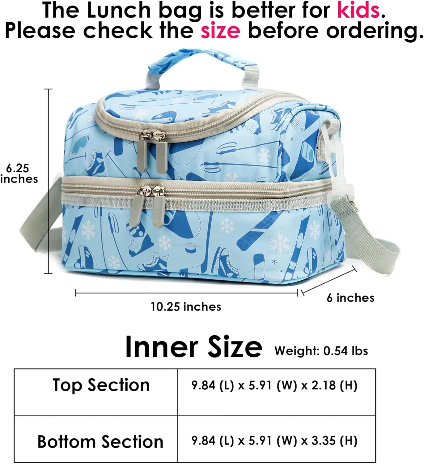 Insulated Kids Double Decker Lunch Bag Tote Pack for Girls Boys Toddler School Picnic Food Cooler Hot Water Ice with Strap (Winter Sports)