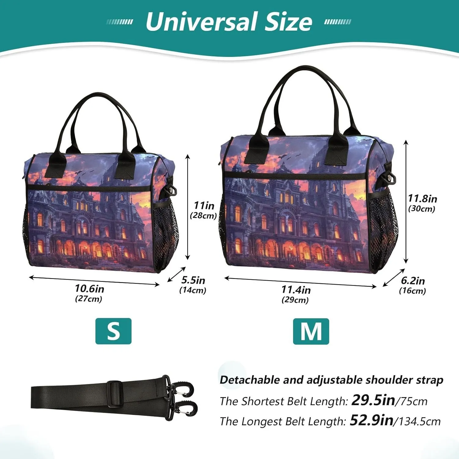 Insulated Lunch Bag Beautiful Mansion Print with Multiple Compartment, Reusable Leak-proof Cooler Bag Lunch Box Detachable Shoulder Strap Medium
