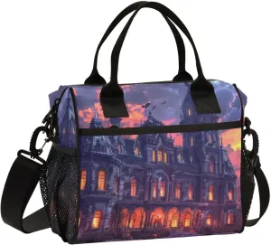 Insulated Lunch Bag Beautiful Mansion Print with Multiple Compartment, Reusable Leak-proof Cooler Bag Lunch Box Detachable Shoulder Strap Medium